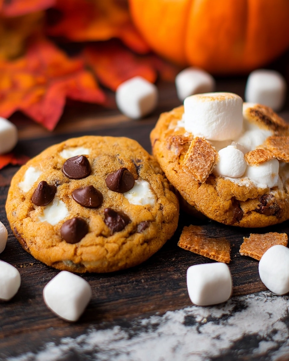 Two round cookies sit on a dark wooden surface with a white marbled texture underneath the scene. The cookie on the left shows three dark brown chocolate chips embedded in a golden brown dough, with patches of melted white marshmallow on its surface, giving it a soft and gooey look. The cookie on the right is decorated with a whole white marshmallow on top, partially melted chocolate chips, and broken light brown graham cracker pieces scattered across its golden brown dough. Around the cookies, several small white marshmallows are spread out. The background includes a blurred orange pumpkin and red autumn leaves. photo taken with an iphone --ar 4:5 --v 7