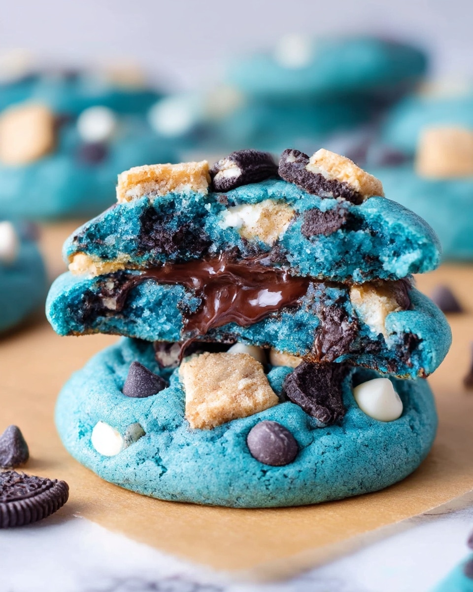 A stack of two thick, soft-looking bright blue cookies sits on a white marbled surface. The bottom cookie is studded with dark brown chocolate chips, white chocolate chips, Oreo cookie fragments with black and white layers, and pieces of golden brown chocolate chip cookie dough. The top cookie, broken in half to reveal a gooey, dense inside, rests on the bottom one, showing the blue dough mixed with melted dark chocolate chips and bits of cookie dough on top. The textures vary from smooth and chewy dough to crunchy cookie pieces and chips. Photo taken with an iphone --ar 4:5 --v 7