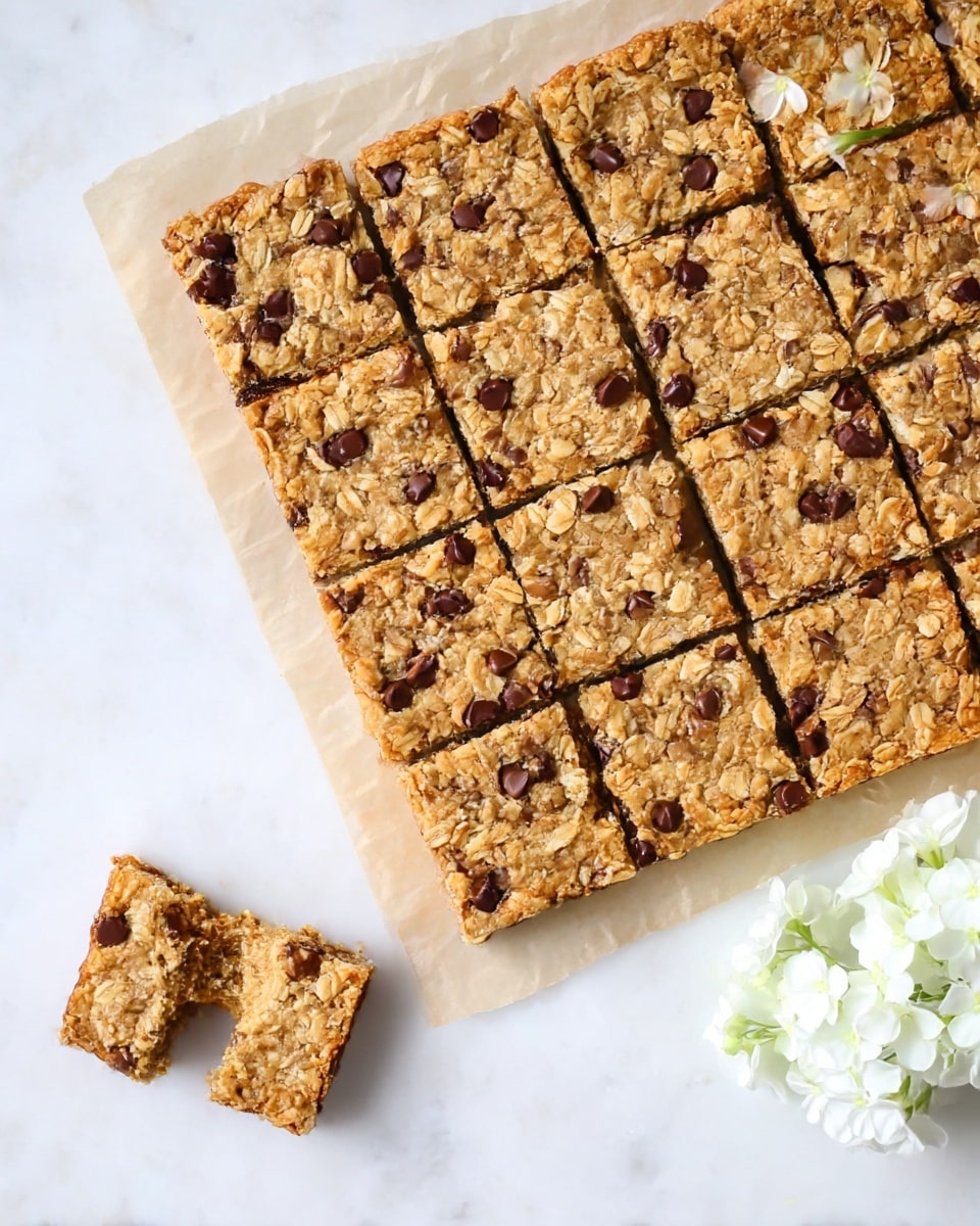 A tray of oat and chocolate chip bars is shown from above, cut into twelve square pieces with two squares slightly separated. The bars have a golden-brown, crumbly textured top scattered with dark brown chocolate chips and bits of oats, giving a rough and hearty look. They rest on a sheet of light brown parchment paper placed on a smooth white marbled surface. Delicate white flowers are placed near the bottom right corner of the image, adding a soft decorative touch. photo taken with an iphone --ar 4:5 --v 7