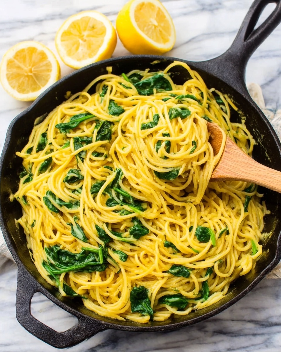 A black cast iron pan filled with cooked spaghetti mixed with bright yellow sauce and fresh green spinach leaves spread evenly throughout the pasta. The texture of the spaghetti looks soft and slightly glossy, with the spinach adding a fresh touch with its vibrant green color. A wooden spoon is resting inside the pan, partially lifting some pasta. Around the pan, there are halved lemons with a bright yellow color on the white marbled surface. Photo taken with an iphone --ar 4:5 --v 7