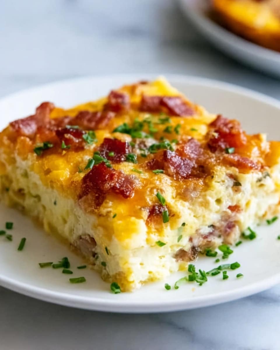A square slice of a baked dish with a golden brown top layer that has melted cheese and small pieces of cooked bacon scattered over it. Beneath the top, the dish has a soft, creamy egg layer mixed with bits of sausage and melted cheese inside. Chopped green herbs are sprinkled on top, adding a fresh touch. The slice is served on a plain white plate, placed on a white marbled surface. Photo taken with an iphone --ar 4:5 --v 7