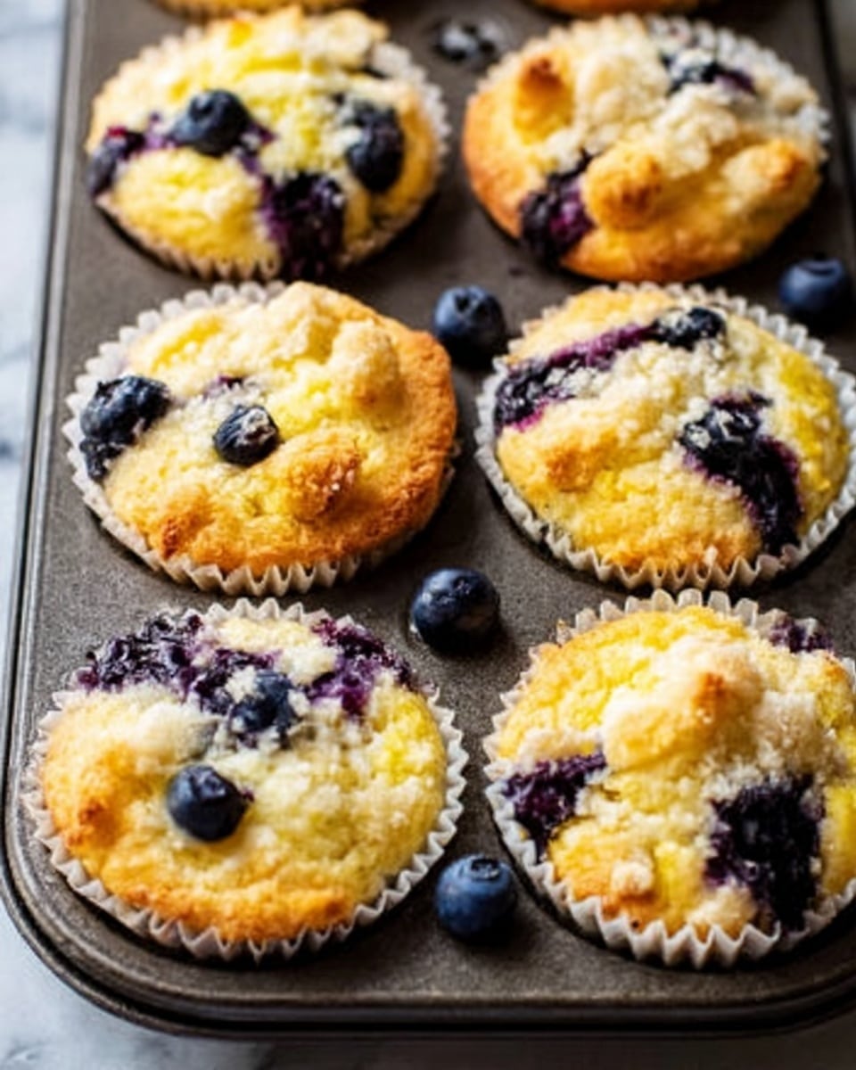 The image shows six golden brown blueberry muffins in a dark metal muffin tray, each muffin sitting in a white paper liner. The muffins have a soft, crumbly texture with juicy dark blue blueberries spread unevenly on top and inside, giving a pop of deep blue color against the light yellow cake. The muffins rise slightly above the tray edges with cracked tops revealing the fluffy inside. The tray is placed on a white marbled surface. photo taken with an iphone --ar 4:5 --v 7