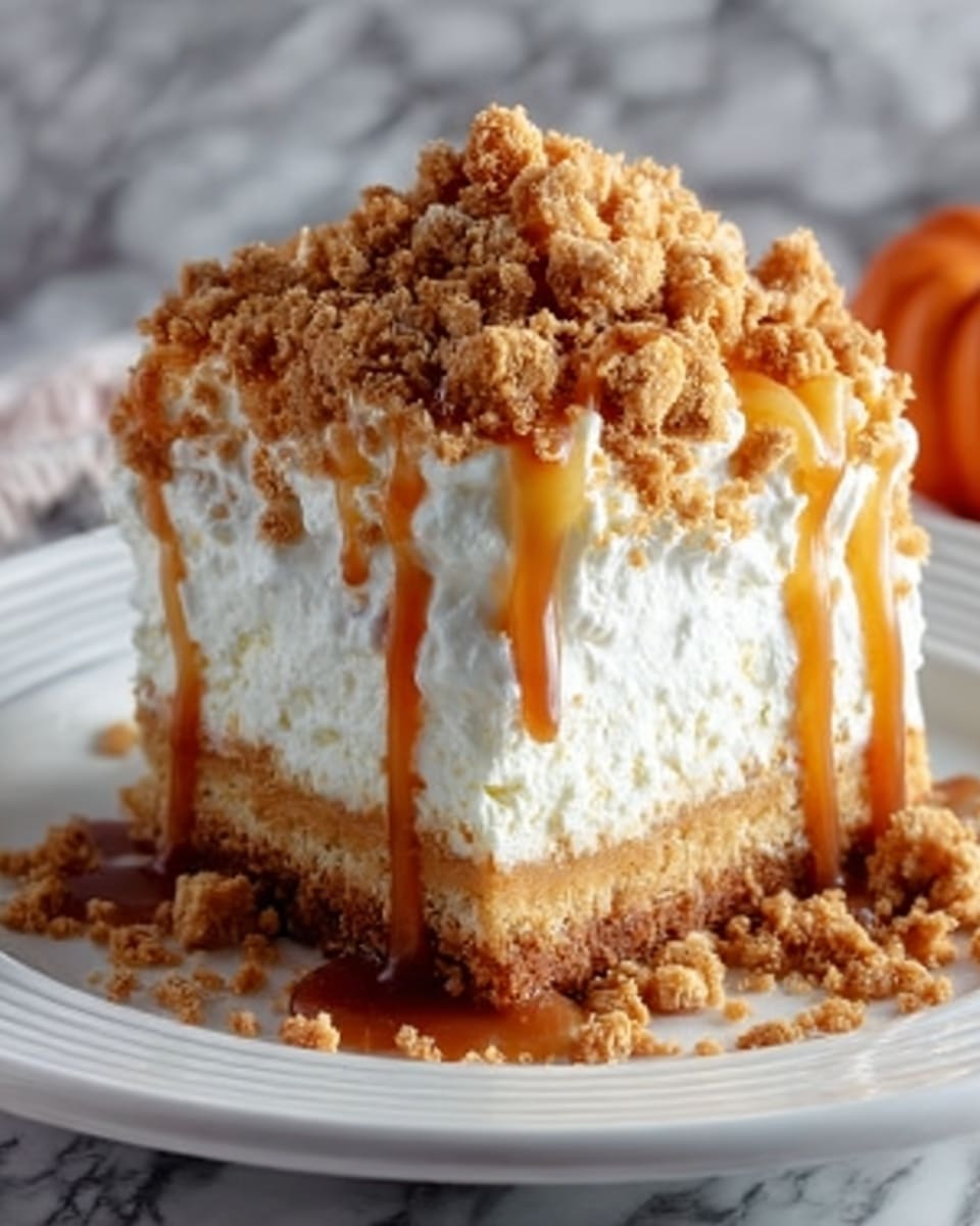 The image shows a square-shaped dessert with three visible layers. The bottom layer is a soft-looking light brown cake. The middle layer is thick, white, and creamy, almost like whipped cream or frosting, spread evenly. The top layer consists of chunky golden-brown crumbs sprinkled generously, with caramel sauce dripping down the sides onto the white plate. The dessert sits on a white plate with a white marbled surface in the background. Photo taken with an iphone --ar 4:5 --v 7