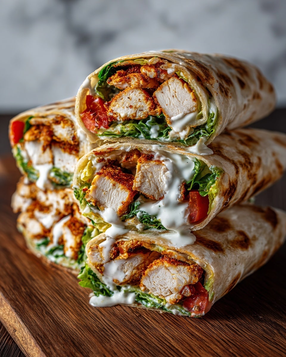 The image shows four chicken wraps cut in half and stacked on a wooden board. Each wrap has a lightly toasted, golden-brown tortilla on the outside. Inside, there are thick pieces of grilled chicken with a crispy, seasoned crust. Surrounding the chicken are layers of fresh green lettuce and small chunks of red tomato. White creamy sauce is drizzled generously inside, adding moisture and contrast to the vibrant veggies and savory chicken. The background is a white marbled texture. Photo taken with an iphone --ar 4:5 --v 7