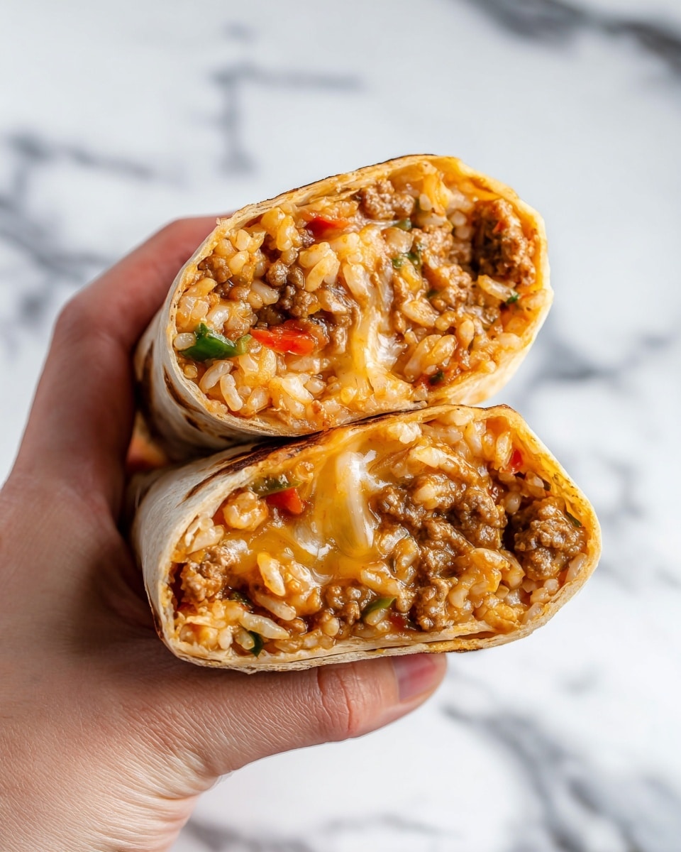 A close-up image of a woman's hand holding two halves of a burrito stacked vertically. Each half shows three visual layers: a slightly toasted light beige tortilla wrap on the outside, a middle layer of cooked rice mixed with small pieces of ground meat and bits of diced green and red vegetables, and an inner layer of melted cheese creating a stringy, gooey texture throughout. The burrito halves are held over a white marbled surface. Photo taken with an iphone --ar 4:5 --v 7