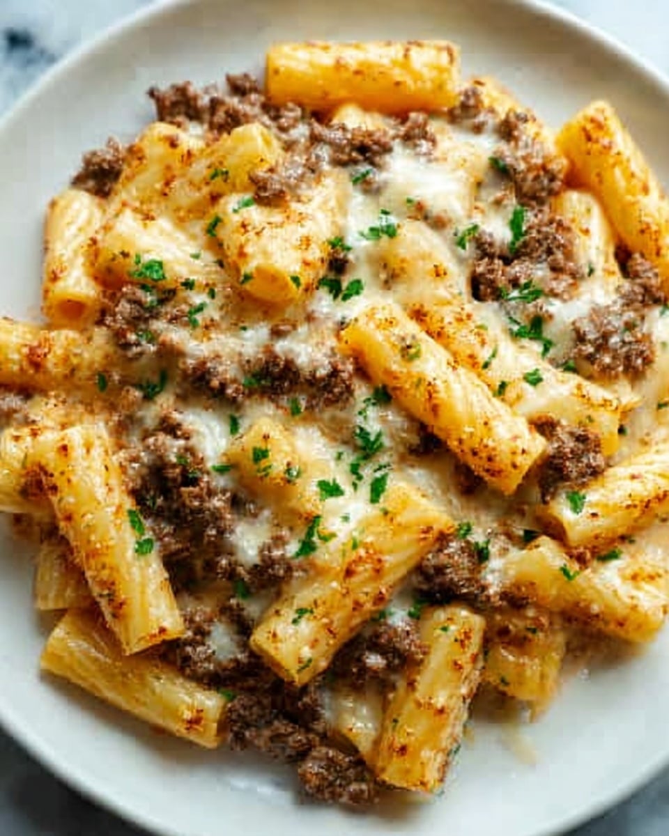 The image shows a white plate filled with rigatoni pasta mixed with layers of browned ground beef, melted cheese that looks creamy and bubbly, and small green parsley pieces sprinkled on top. The rigatoni pasta is a light golden color, and the ground beef is dark brown, adding texture and contrast to the dish. Some parts of the cheese are slightly browned, giving a crispy look. The plate is set on a white marbled surface. Photo taken with an iphone --ar 4:5 --v 7