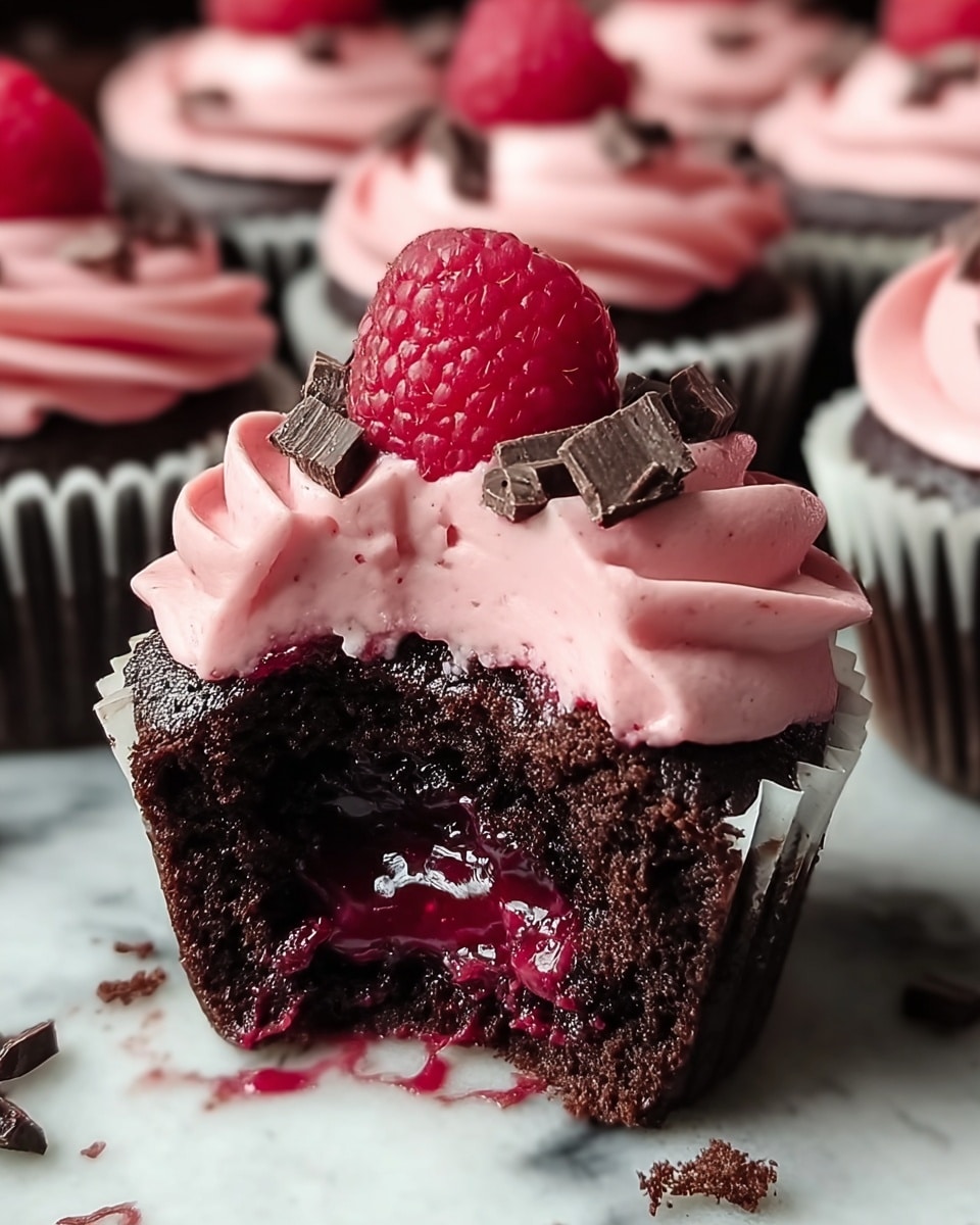 A close-up of a single chocolate cupcake with three main layers: the bottom layer is a dark, moist chocolate cake with a gooey, deep red berry filling oozing out from the center, the middle layer is a thick swirl of smooth, light pink frosting covering the top of the cake, and the final top layer features a fresh red raspberry sitting in the middle, surrounded by small, irregular dark chocolate pieces scattered on the frosting. The cupcake is in a white paper liner, and several similar cupcakes with the same pink frosting and chocolate pieces are blurred in the background on a white marbled surface. Photo taken with an iphone --ar 4:5 --v 7