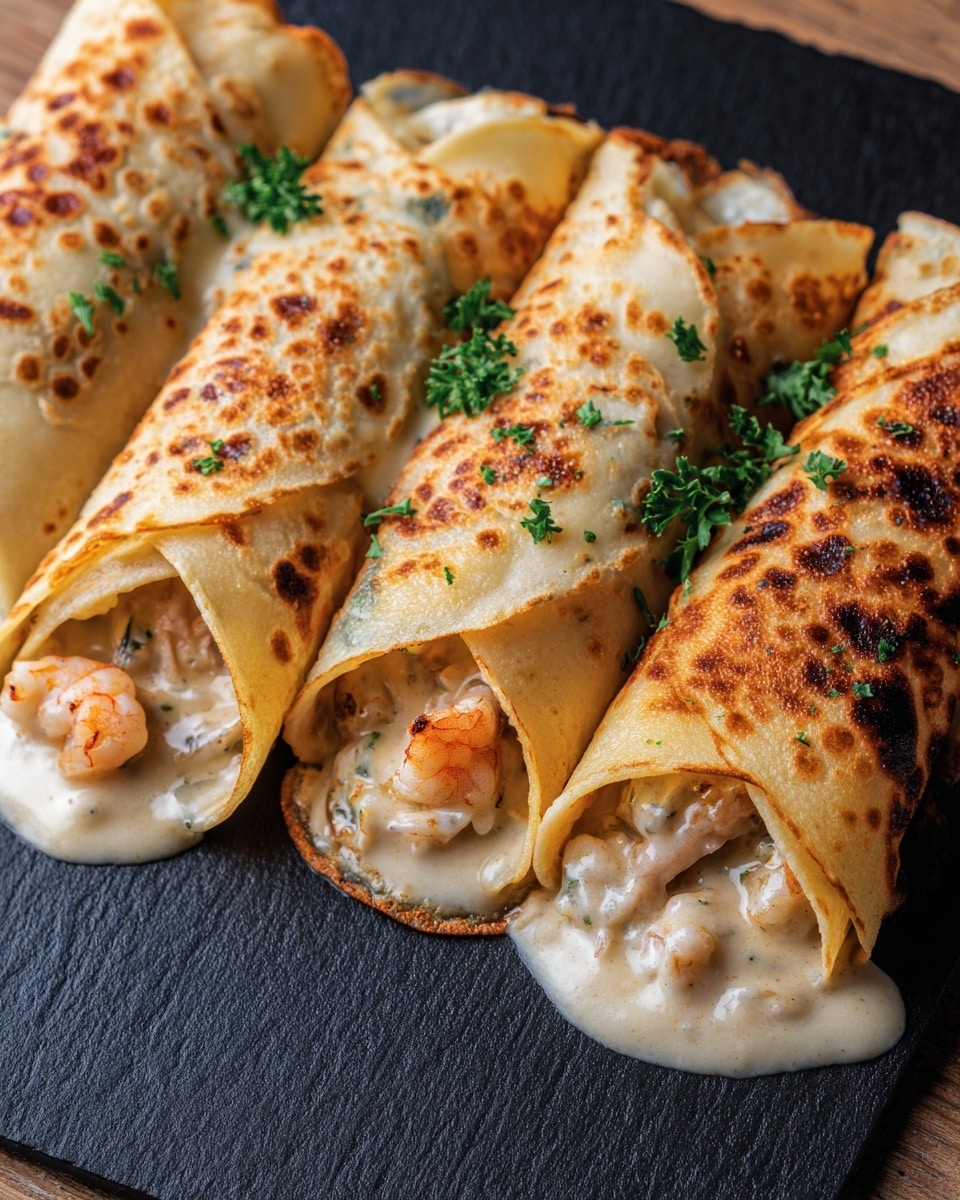 The image shows four rolled crepes placed side by side on a black slate board. Each crepe has a slightly golden-brown, spotted exterior with crisp edges. The crepes are filled with a creamy, light beige sauce mixed with small pieces of what appear to be chicken or seafood, visible at the open ends. The sauce is smooth and slightly bubbly, with flecks of herbs throughout. Some fresh green parsley leaves are sprinkled on top of the crepes for garnish. The slate board is on a wooden surface, but the main focus is on the four crepes with their warm, savory filling. photo taken with an iphone --ar 4:5 --v 7