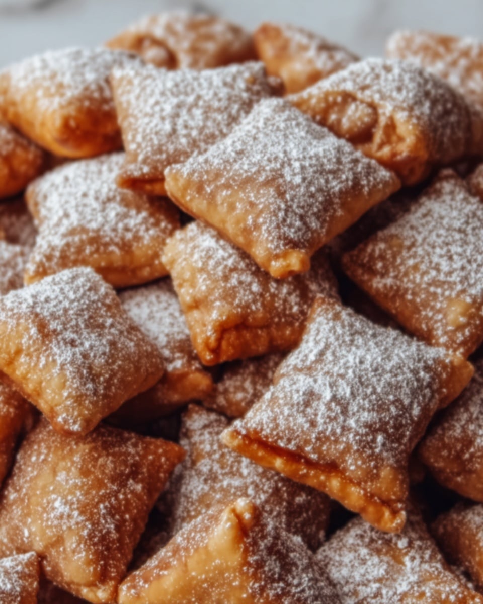 The image shows a close-up view of small square-shaped pastries piled on top of each other. Each pastry has a golden brown color with a slightly shiny and crispy texture. The pastries are dusted with a light layer of white powdered sugar, giving a soft contrast to the warm tones of the dough. The focus is tight, capturing the rough and flaky edges, and the dense arrangement fills the frame. The background is a white marbled texture. photo taken with an iphone --ar 4:5 --v 7