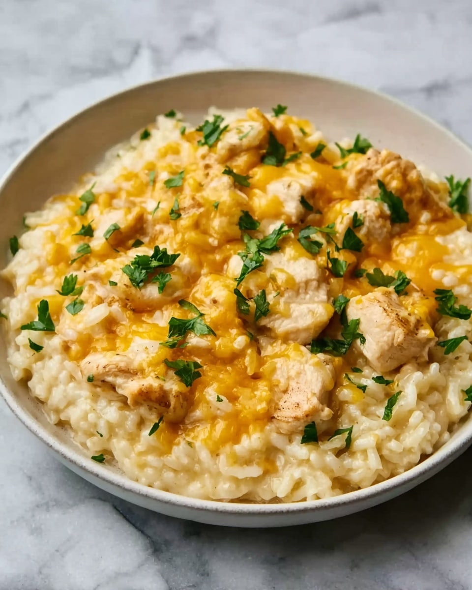 The dish shows a black pan filled with creamy yellow rice as the base layer. On top of the rice, there are pieces of cooked chicken coated in melted orange-yellow cheese, evenly spread in the middle and edges. Small green parsley leaves are scattered over the cheese layer, adding a fresh touch. The overall texture looks creamy and soft with a slight shine on the chicken and cheese. The pan sits on a white marbled surface. photo taken with an iphone --ar 4:5 --v 7