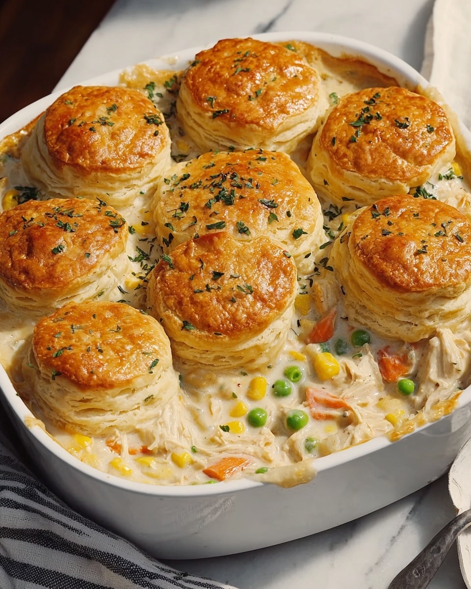 This image shows a white baking dish filled with chicken pot pie topped with seven golden brown puff pastry biscuits. The top layer consists of the shiny, crispy, golden biscuits sprinkled with small green herb bits, evenly spaced across the dish. Below the biscuits is a creamy white sauce filled with small chunks of shredded chicken, bright orange carrot slices, and green peas, visible where some sauce spills out around the sides of the pastry. The dish rests on a white marbled surface with a striped cloth nearby. Photo taken with an iphone --ar 4:5 --v 7