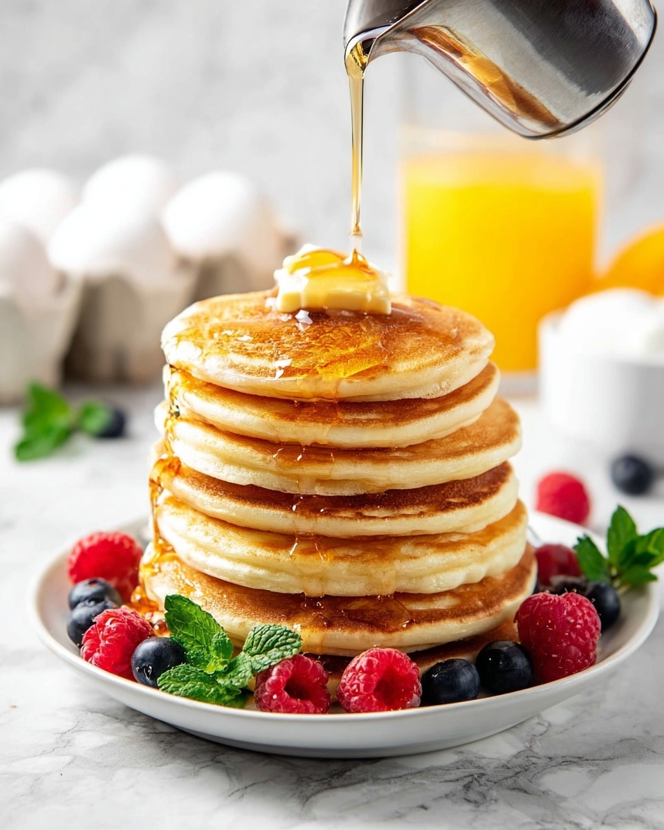 A tall stack of seven golden pancakes sits at the center of a white plate, each pancake showing a light, fluffy texture with slightly browned edges. A smooth white pat of butter melts on the top pancake, while amber syrup is poured over it, dripping down the sides in glistening streams. The plate is decorated with fresh raspberries and blueberries around the base of the pancake stack, with some scattered green mint leaves nearby. In the background, a carton of white eggs, a glass of orange juice, and a bowl of mixed berries with mint add depth against a white marbled surface. Photo taken with an iphone --ar 4:5 --v 7