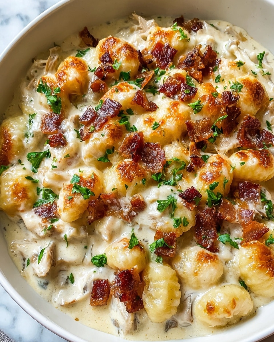 The image shows a white bowl filled with creamy gnocchi covered in a rich, cheesy white sauce that has a bubbly, golden-brown top layer. Small pieces of crispy, browned bacon are scattered across the surface, adding a dark reddish-brown contrast. Fresh, finely chopped green herbs are sprinkled evenly, giving a fresh touch to the creamy texture. The gnocchi themselves are plump, round, and soft, partly soaked in the sauce that looks smooth and thick. The bowl sits on a light grey cloth, placed on a white marbled texture surface. Photo taken with an iphone --ar 4:5 --v 7