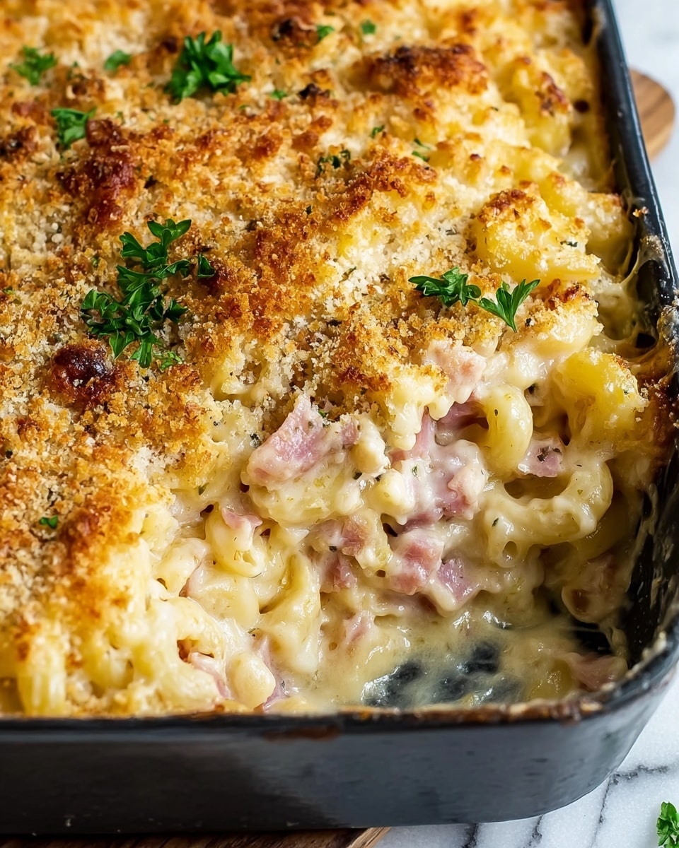 A close-up image of a baked macaroni and cheese dish in a white casserole dish, showing macaroni pasta covered with creamy white cheese sauce mixed with pink chunks of ham. The top layer is golden brown and crispy, made of toasted breadcrumbs scattered unevenly with small black specks of pepper. There is a small green parsley leaf garnish on the surface for color contrast. The dish sits on a white marbled textured surface with a neutral cloth nearby. Photo taken with an iphone --ar 4:5 --v 7