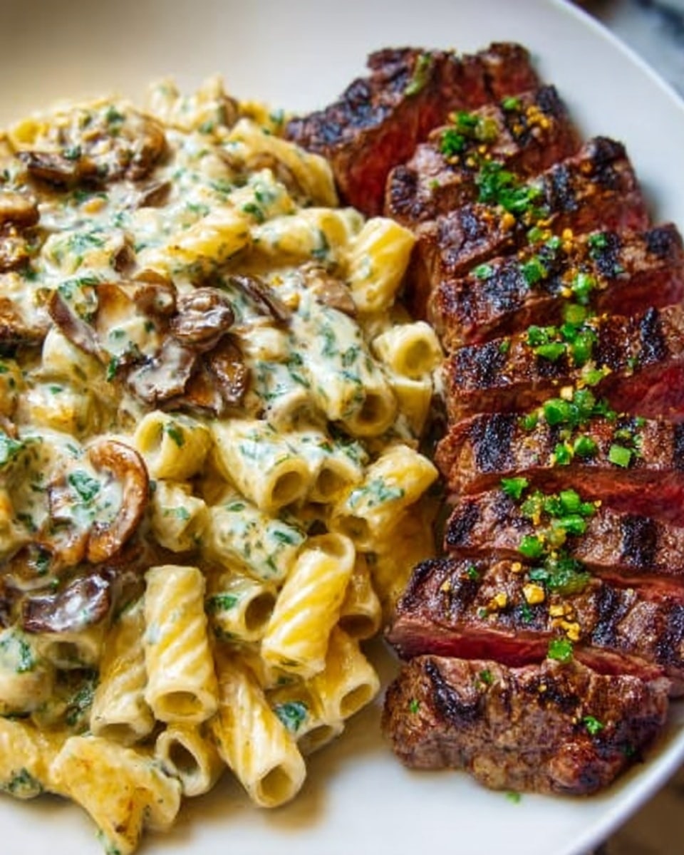 A white plate holds a juicy steak sliced into thick pieces, showing a pink middle and a slightly charred, dark brown outside with small green herb sprinkles on top. Next to the steak is a creamy pasta made of large tube-shaped noodles covered in a rich white sauce, mixed with sautéed mushrooms that are golden brown. Both the steak and pasta fill the plate, which sits on a white marbled textured surface. photo taken with an iphone --ar 4:5 --v 7