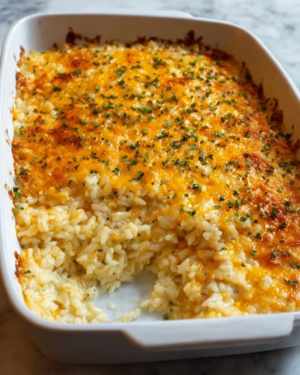 The image shows a white rectangular baking dish filled with a baked cheesy rice casserole. The top layer is golden-brown melted cheese mixed with browned breadcrumbs and small green herb pieces, giving a crispy texture. Below the cheese crust is a creamy rice layer that looks soft and moist, light beige in color with a fluffy texture. A woman's hand is holding a scoop, lifting a portion of the rice casserole, revealing the thick, dense rice mixture inside. The dish rests on a white marbled surface. Photo taken with an iphone --ar 4:5 --v 7