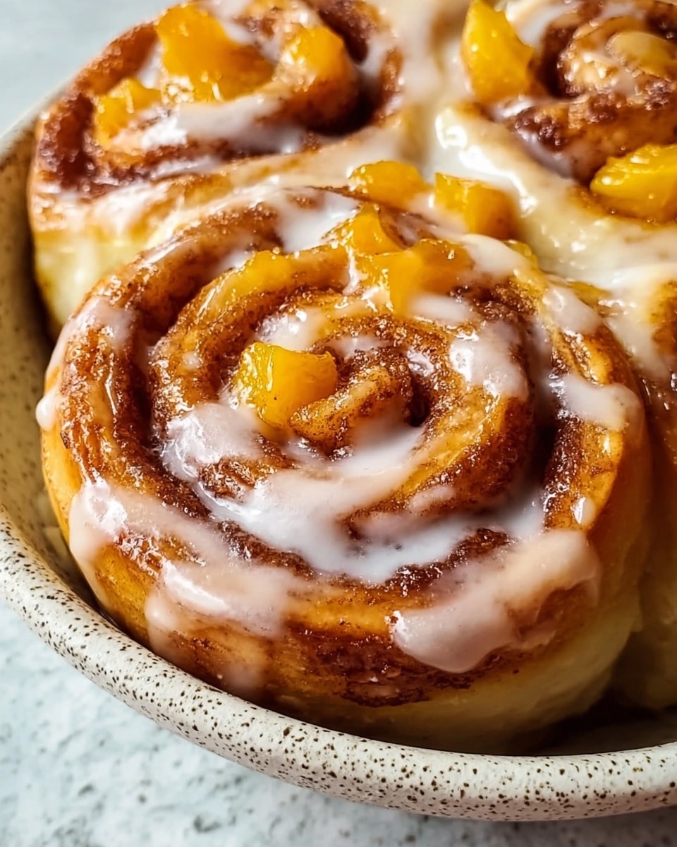 A close-up of two glossy cinnamon rolls with an extra layer of creamy white icing drizzled in a spiral pattern over the top. The rolls are golden brown with hints of caramelized edges and contain small chunks of orange-yellow fruit embedded within the spirals. The dough looks soft and slightly fluffy with a light tan base visible at the edges, sitting in a white ceramic dish with small brown speckles. The background is a white marbled surface. photo taken with an iphone --ar 4:5 --v 7