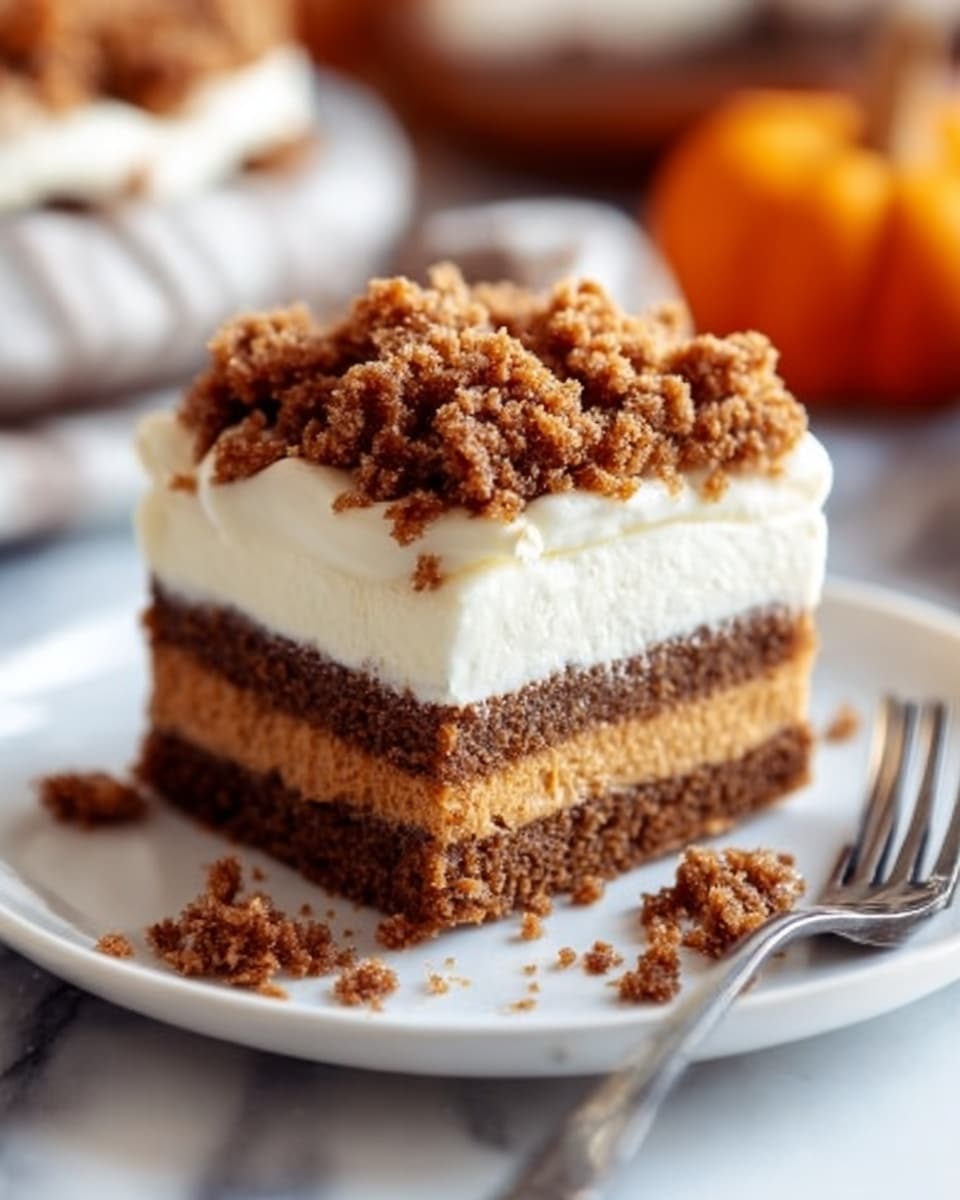 The image shows a square slice of layered dessert on a white plate sitting on a white marbled surface. The dessert has four layers: a bottom layer of dense brown crumb cake, a thick middle layer of smooth, light cream, another thin layer of whipped cream, and a top layer of crumbly brown streusel with a rough texture. Some crumbs are scattered around the plate’s edge. The scene is bright with soft focus in the background. Photo taken with an iphone --ar 4:5 --v 7