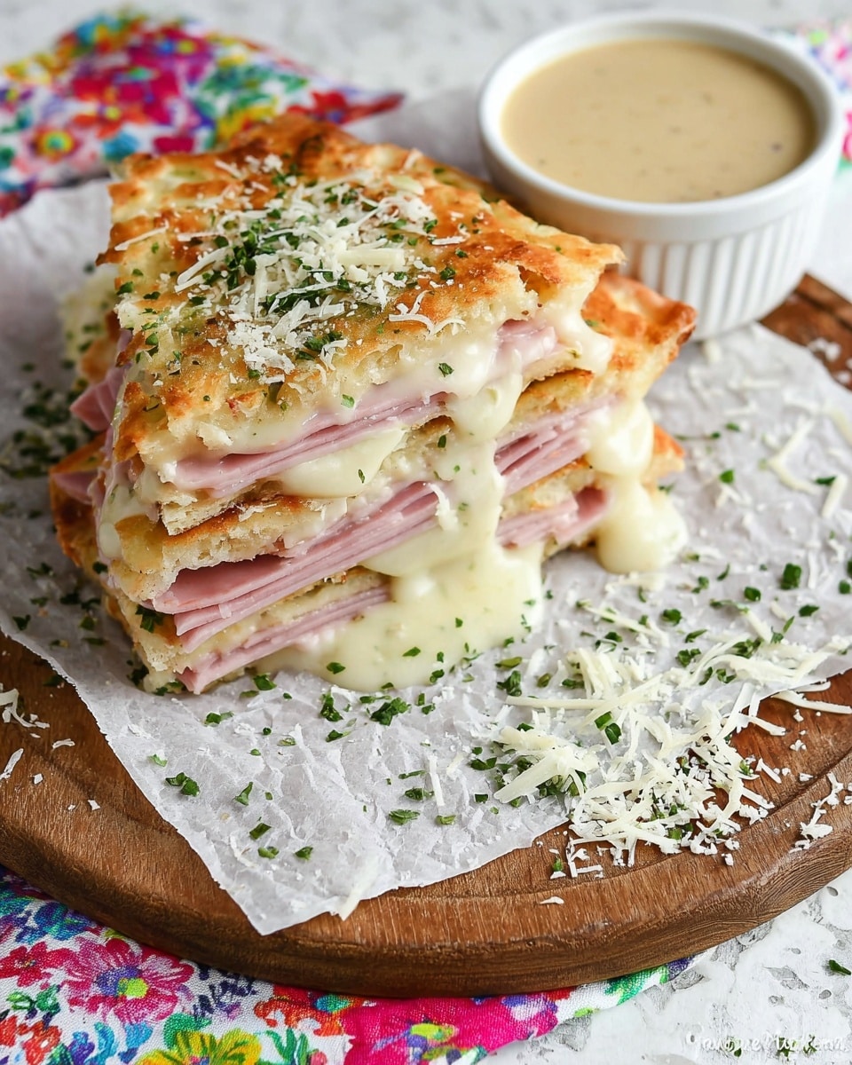 The image shows a sandwich made of three layers: the top and bottom layers are golden-brown, toasted flatbread sprinkled with green herbs and shreds of white cheese, while the two middle layers contain light pink slices of ham and melted white cheese that oozes slightly out of the sandwich edges. The sandwich is cut diagonally and stacked on a piece of white parchment paper, all placed on a round wooden board. Next to the sandwich, there is a small white cup filled with creamy, light beige sauce. The whole scene is set on a white marbled surface with a colorful floral cloth partly visible underneath. photo taken with an iphone --ar 4:5 --v 7