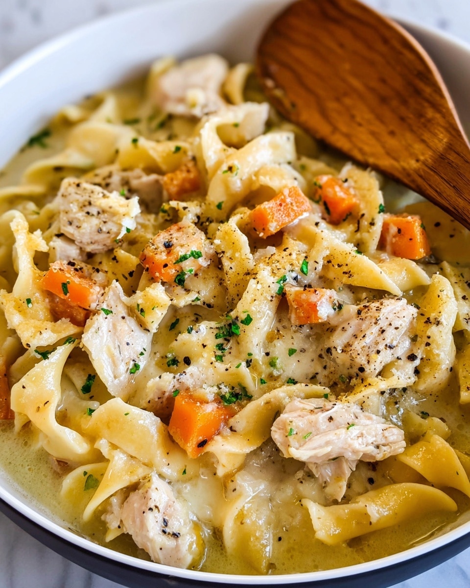A close-up view of a creamy pasta dish in a white bowl with a dark rim, showing roughly three layers: the base layer of short, twisted pasta coated in a thick, light beige sauce; scattered chunks of orange carrot pieces and tender white chicken pieces mixed evenly through the pasta; and a final sprinkle of finely chopped green herbs and black pepper on top, with a wooden spoon resting on the right edge of the bowl, all set against a white marbled texture. Photo taken with an iphone --ar 4:5 --v 7