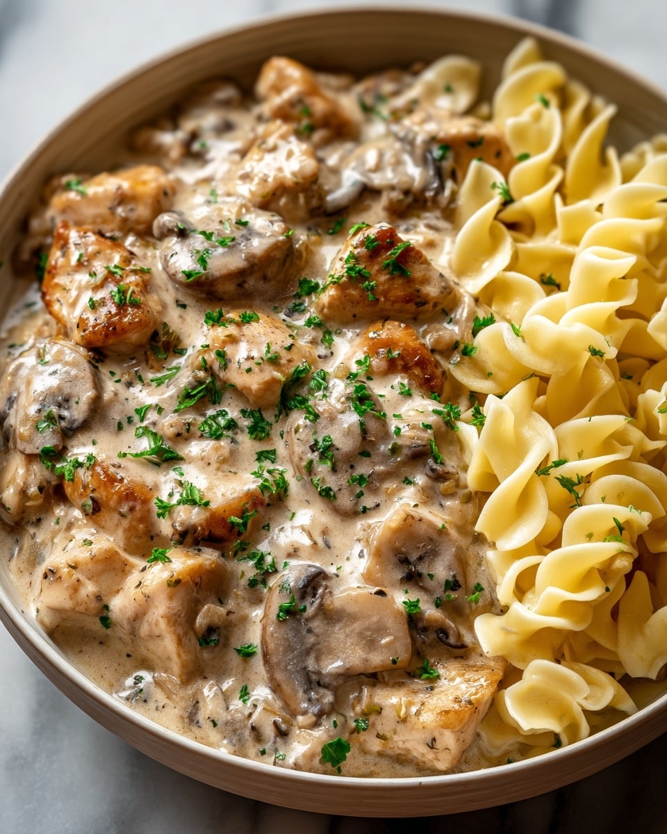 A close-up view of a white bowl filled with creamy chicken and mushroom stroganoff beside a portion of wide egg noodles; the dish has three main layers – the bottom layer features soft, creamy beige sauce with chunks of browned chicken and sliced mushrooms mixed throughout, topped lightly with finely chopped green herbs, while the noodles on the right side are pale yellow with a smooth texture and slight curls, all set on a white marbled surface. photo taken with an iphone --ar 4:5 --v 7