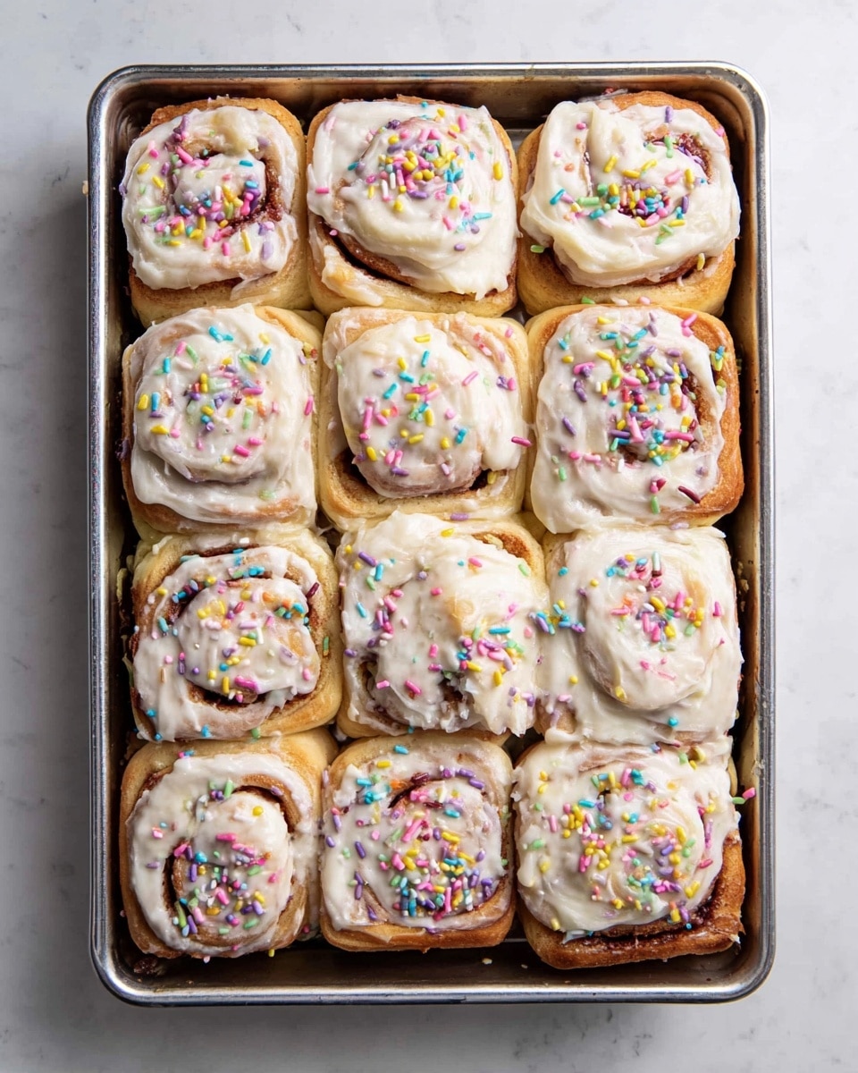 A metal tray holds twelve square cinnamon rolls arranged in a 3 by 4 grid, each roll showing a spiral shape with a golden-brown baked dough base. The rolls are thickly topped with a creamy white frosting that covers the entire top surface, creating a smooth but slightly swirled texture. Scattered over the frosting are small, round, colorful confetti sprinkles in pastel shades of pink, yellow, blue, green, purple, and orange, giving the dish a fun and festive look. The tray is placed on a white marbled surface. photo taken with an iphone --ar 4:5 --v 7