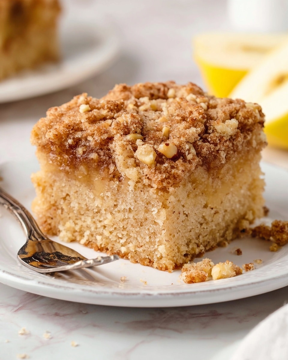 The image shows a piece of crumb cake on a white plate with a white marbled texture beneath it. The crumb cake has two main layers: the bottom layer is a light brown, soft, and fluffy cake with small holes, and the top layer is a golden-brown crumb topping mixed with chopped nuts that add texture and color contrast. Some crumbs are scattered around the cake piece on the plate, and there is a metal fork partially visible at the bottom left. Photo taken with an iphone --ar 4:5 --v 7