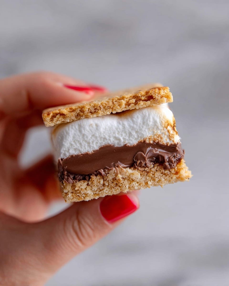 A close-up of a s'more being held by a woman's hand with red painted nails against a white marbled background. The s'more has three visible layers: a top golden-brown crispy graham cracker with a crumbly texture, a middle thick layer of white marshmallow that looks soft and slightly melted, and a bottom thick layer of smooth, dark chocolate that is glossy and rich, all sandwiched between another golden-brown graham cracker base. Photo taken with an iphone --ar 4:5 --v 7