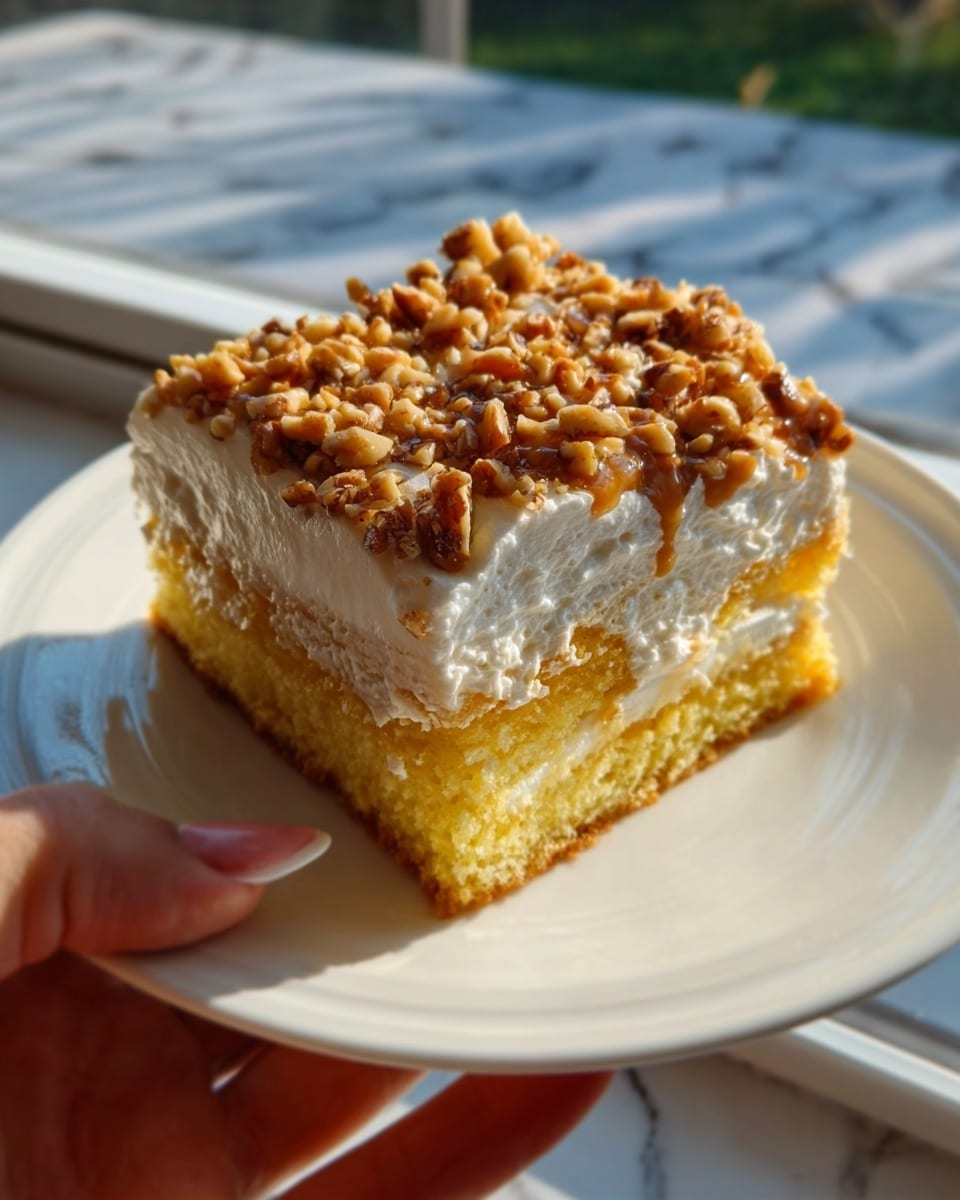 The image shows a square piece of cake on a white plate, held by a woman's hand. The cake has three layers: a bottom layer of soft, yellow sponge cake, a middle thick layer of creamy white frosting, and a top layer covered with crushed brown nuts and crumbs, giving it a crunchy texture. Light shines on the cake, highlighting its moistness and texture. The background is a white marbled texture. Photo taken with an iphone --ar 4:5 --v 7