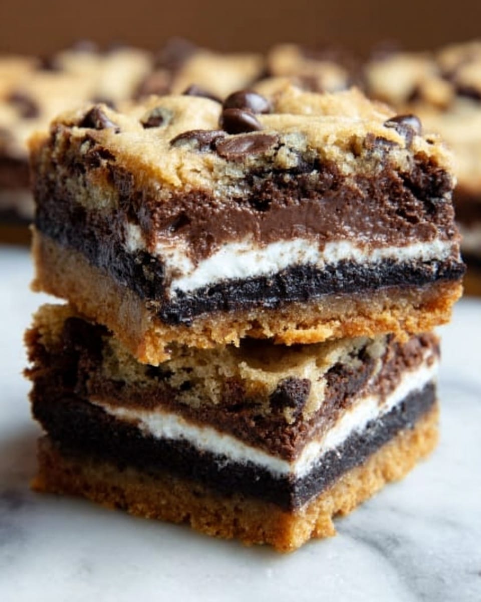 The image shows a close-up view of a layered dessert bar with three visible layers. The bottom layer is a thick, golden-brown cookie crust with a slightly crumbly texture. The middle layer is a dense, dark chocolate brownie, rich and moist in appearance. Above that is a thin, white cream filling that looks smooth and soft. The top layer is a chunky chocolate chip cookie dough with visible chocolate chips, slightly golden and textured. The dessert slice stands on a white marbled surface with one piece in focus and another blurred in the background. A woman's hand is reaching toward the dessert from the back. Photo taken with an iphone --ar 4:5 --v 7