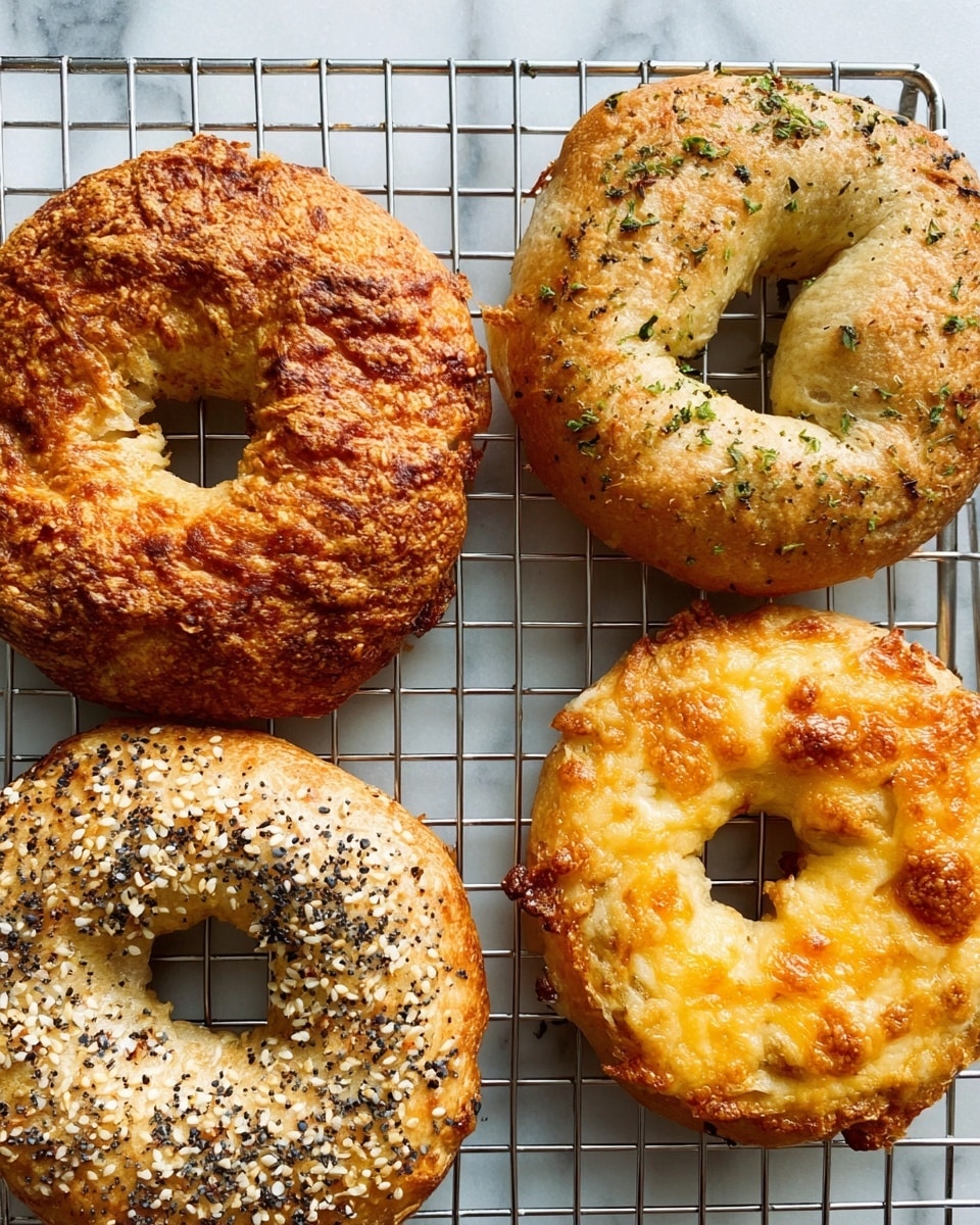There are four bagels placed on a gray wire cooling rack over a white marbled surface. The top left bagel is plain with a light golden-brown color and a rough texture. The top right bagel is golden with small green herb pieces sprinkled on top, showing a slightly crisp-looking crust. The bottom left bagel is covered with mixed seeds and seasonings in black, white, and brown colors, creating a speckled effect on its golden surface. The bottom right bagel is golden with melted cheese baked on top, giving it a bubbly and textured appearance. photo taken with an iphone --ar 4:5 --v 7