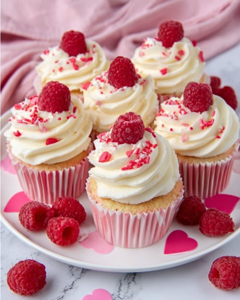 The image shows a white plate with pink heart patterns, holding eight cupcakes with pink wrappers. Each cupcake has three layers: a golden brown cake base, a thick swirl of smooth, creamy white frosting on top, and a bright red raspberry crowned at the peak of the frosting. Around the plate, loose raspberries add extra color and texture. The cupcakes are arranged closely together, creating a neat and inviting display on a white marbled surface. photo taken with an iphone --ar 4:5 --v 7