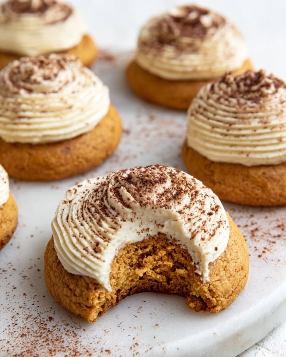 The image shows four soft, round cookies on a white marbled surface, each topped with a generous swirl of light cream frosting. The cookie in the front is partially bitten, revealing a dense, moist, brown interior with a slightly crumbly texture. The creamy top layer is textured with a ridged pattern and lightly dusted with a fine layer of cocoa powder that adds a dark brown contrast. The background is simple and clean, with a soft focus on the other cookies to emphasize the front bitten cookie. Photo taken with an iphone --ar 4:5 --v 7