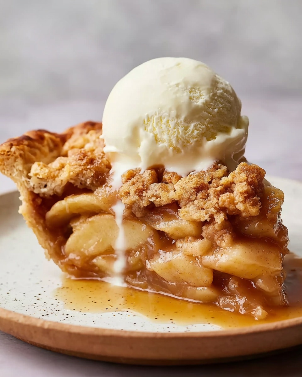A close-up view of a warm apple pie slice with a golden-brown, crumbly top crust showing baked apple pieces underneath that are soft and juicy with a hint of cinnamon, sitting on a white plate with a speckled pattern, topped with a large, creamy scoop of vanilla ice cream melting slightly and dripping down the sides of the pie, with golden syrup pooling around the base on the plate against a white marbled texture background. photo taken with an iphone --ar 4:5 --v 7