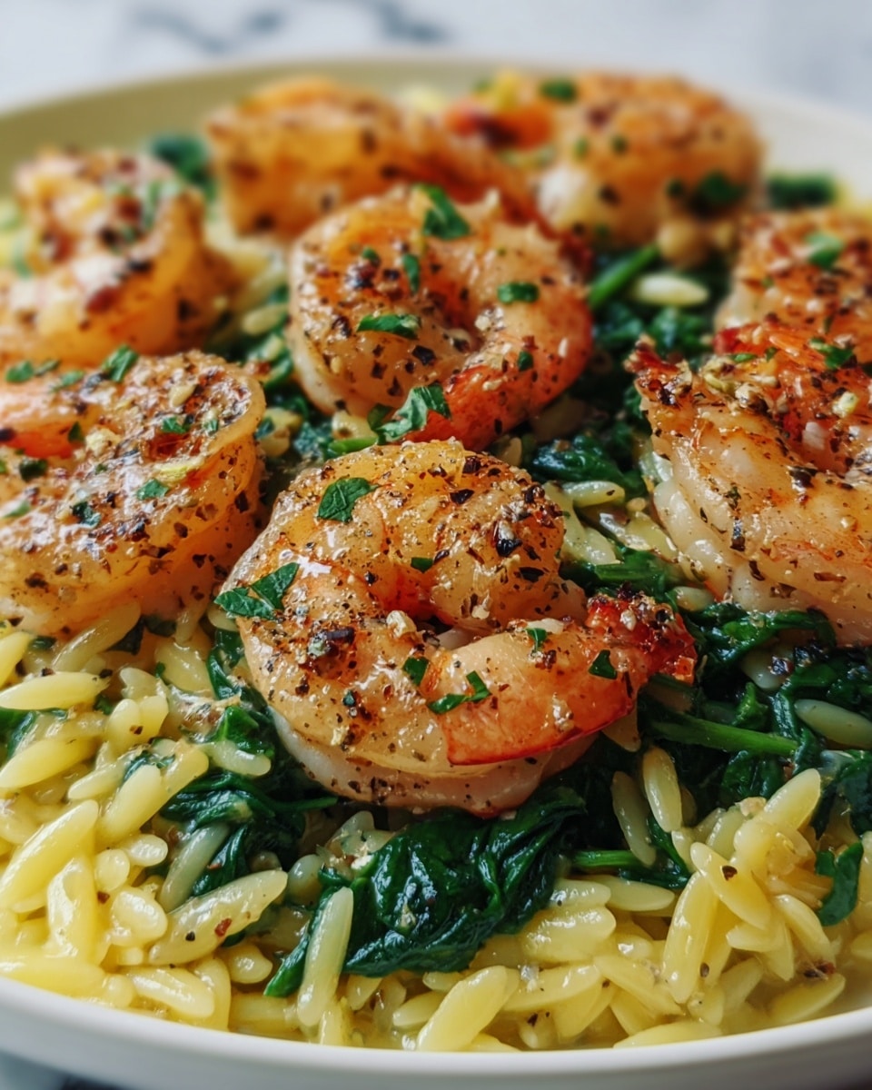 The image shows a close-up of a dish with several cooked shrimp placed on top of a bed of yellow orzo pasta mixed with wilted green spinach. The shrimp have a light char and are sprinkled with small green herbs and black pepper, giving them a slightly textured appearance. The pasta looks glossy and moist, with the spinach adding fresh green color throughout. The entire dish is presented on a white plate, sitting on a white marbled surface. Photo taken with an iphone --ar 4:5 --v 7