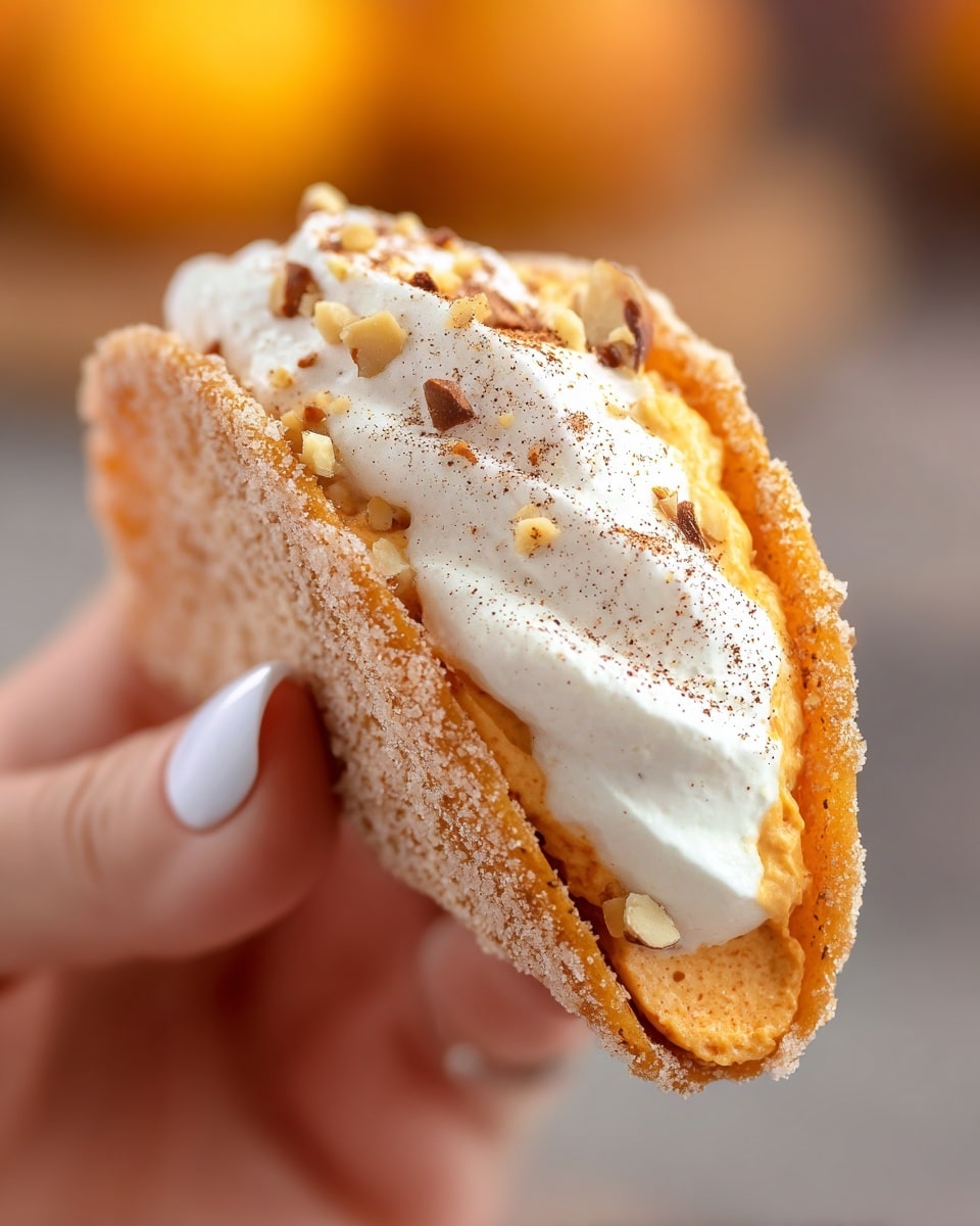 A close-up view of a small taco-shaped dessert held by a woman's hand with long, pale nails. The taco shell is golden brown with a sugar coating, showing a crunchy texture. Inside, there are two main layers: the bottom layer is a smooth, orange-colored filling with a slightly grainy texture, and the top layer is a thick, white cream sprinkled with small nut pieces and a light dusting of cinnamon or cocoa powder. The background features a blurred white marbled texture with hints of other similar desserts. Photo taken with an iphone --ar 4:5 --v 7