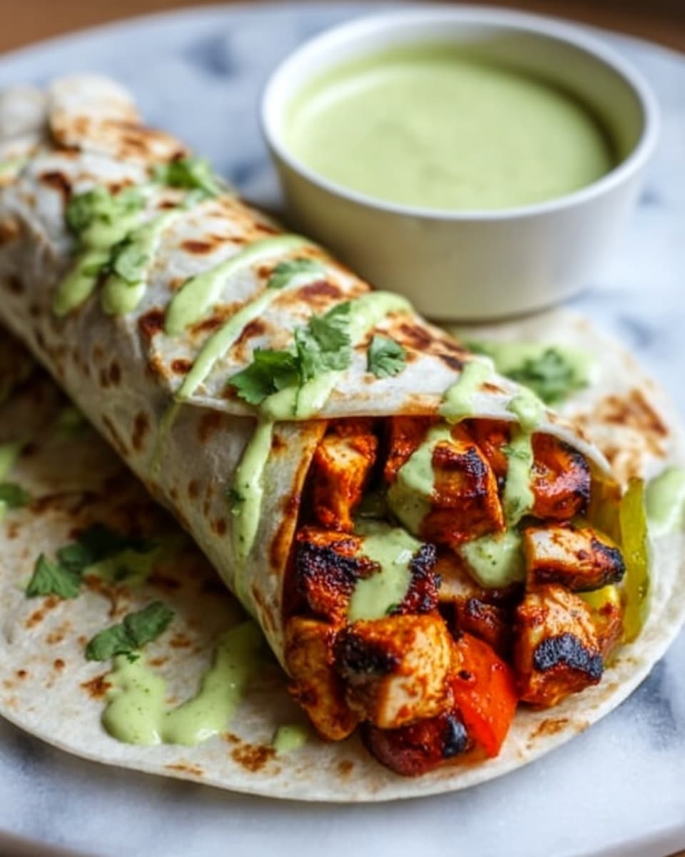 A large wrap sits on a white plate on a white marbled surface, filled with several layers including grilled chicken pieces with a slightly charred surface, bright orange roasted carrots, and bits of green herbs visible inside. The wrap is rolled tightly, showing a soft tortilla with light brown toasting marks on the outside. On top, a smooth green sauce is drizzled unevenly from the upper left to the right side of the wrap. A sprig of fresh cilantro rests on top as a garnish. Behind the wrap, a small white bowl contains more of the thick, creamy green sauce. Photo taken with an iphone --ar 4:5 --v 7