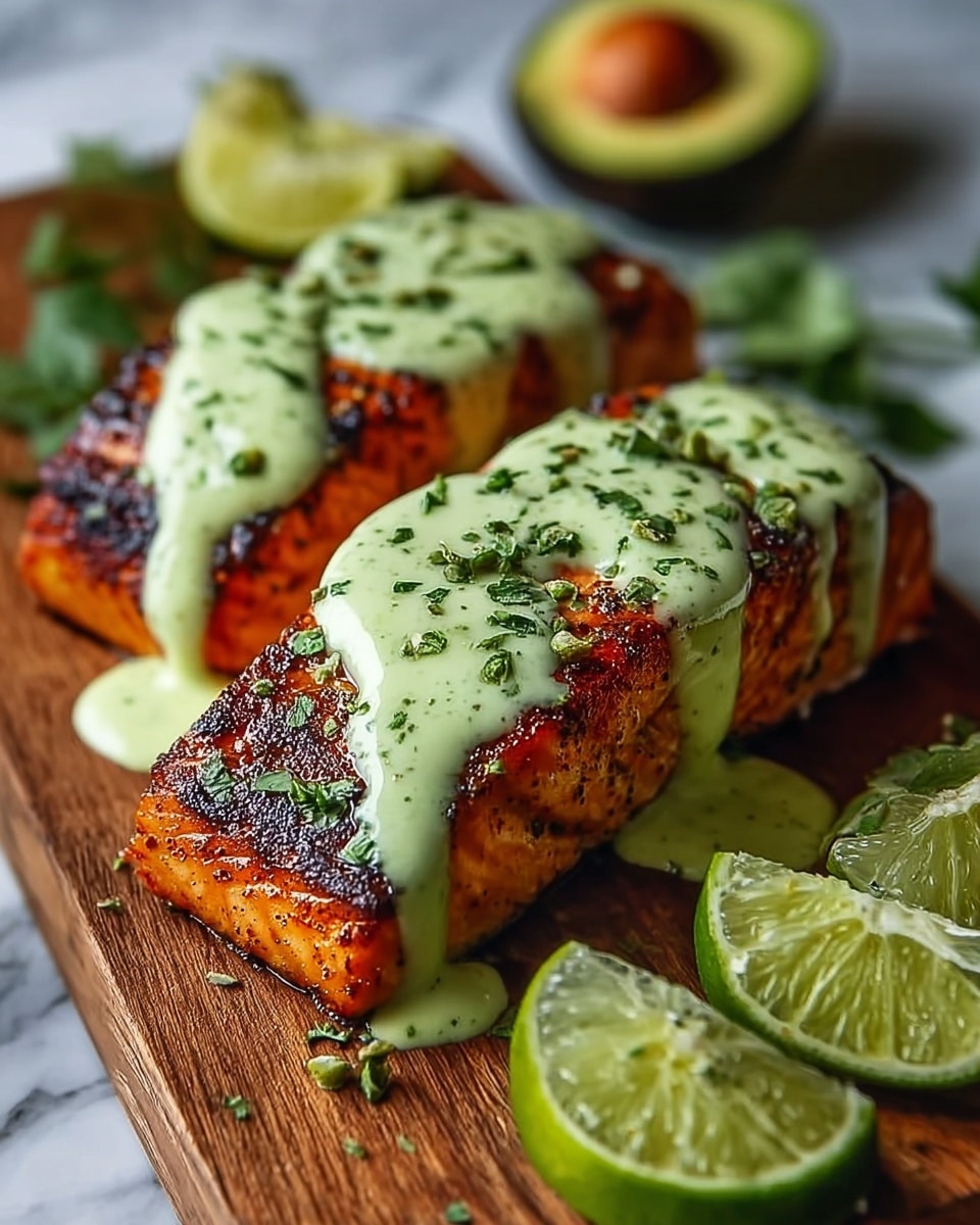 Two thick rectangular pieces of grilled salmon are placed side by side on a wooden board. Each piece has a dark brown crispy charred surface with a slightly flaky orange texture underneath. Bright green sauce is generously drizzled on top in even stripes, with small bits of chopped herbs scattered on the sauce and salmon. On the right, two halves of bright green lime with juicy flesh are placed next to the salmon. In the background, there is a sliced avocado with smooth green flesh and a brown pit visible. The scene is set on a white marbled surface. photo taken with an iphone --ar 4:5 --v 7