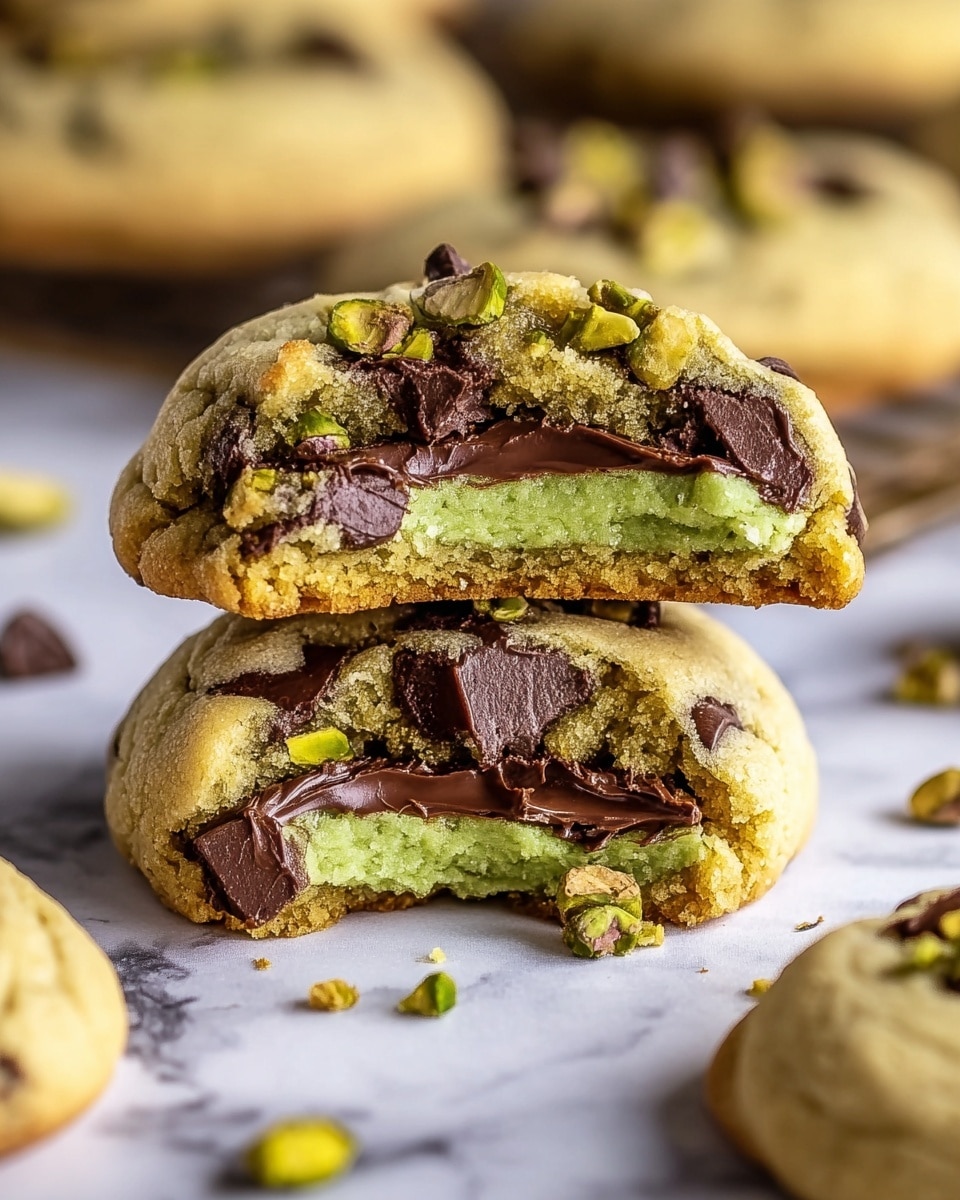 A close-up view of two soft cookies stacked on top of each other on a white marbled surface, with the top cookie broken in half to show its inside layers; the cookie dough is light golden brown with a slightly cracked texture, studded with glossy dark chocolate chunks and small pieces of green pistachio nuts on top. Inside, the cookie has three visible layers: the bottom is a baked chocolate layer, the middle is a smooth, bright green pistachio cream, and the top is a soft chocolate filling just below the cookie's surface. Around the cookies, scattered small bits of pistachio and chocolate pieces add detail and color contrast. Photo taken with an iphone --ar 4:5 --v 7