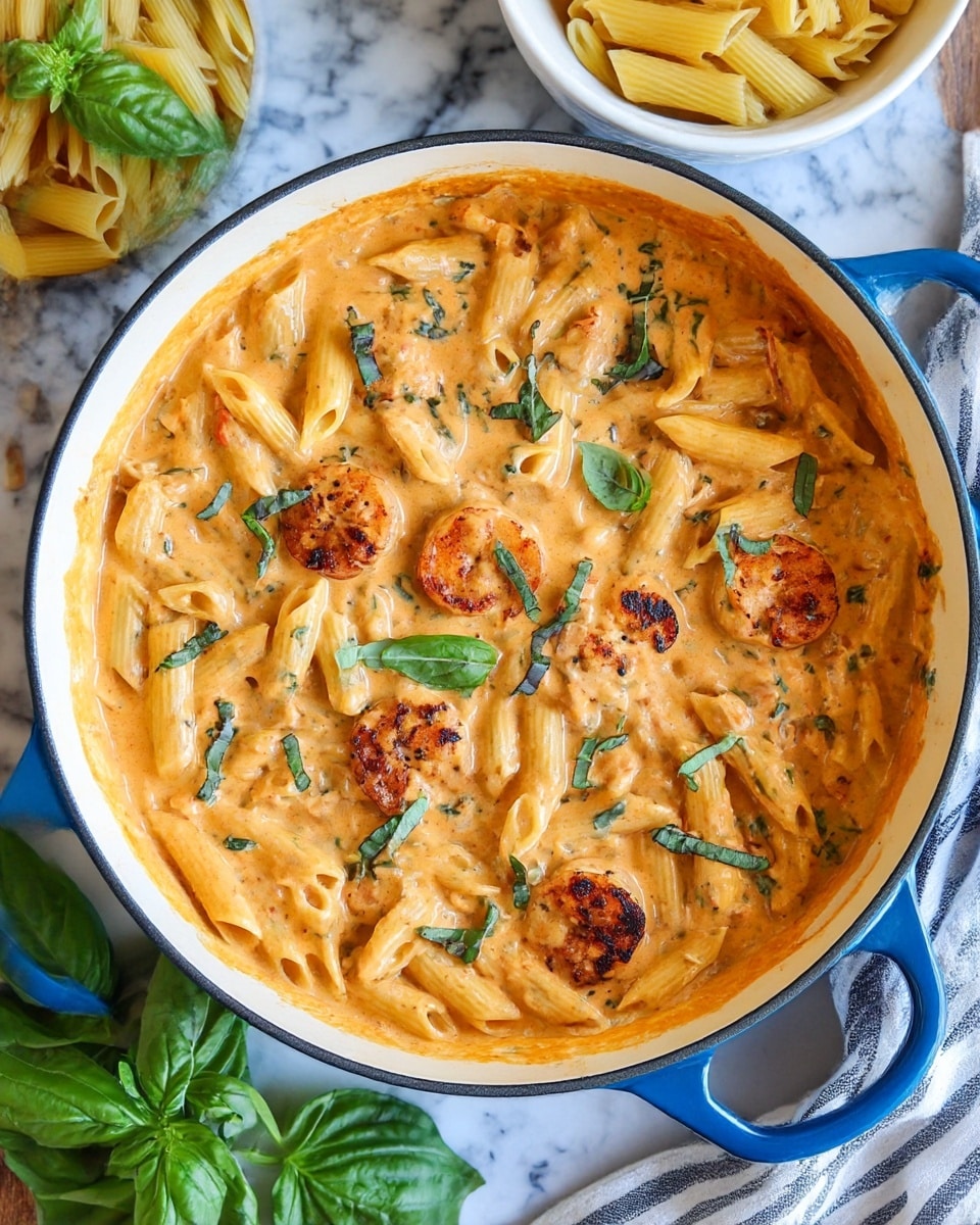 A close-up view of a large white pan with blue handles filled with creamy shrimp pasta, showing two layers: at the bottom, al dente penne pasta coated in a rich, light orange creamy sauce with black pepper flecks and fresh basil bits, and on top mixed in and distributed evenly, several golden-brown grilled shrimp with slightly charred edges. Fresh green basil leaves are scattered over the pasta, adding contrast. The pan sits on a table with a white marbled texture, next to fresh basil leaves and a small white bowl filled with uncooked penne pasta. A striped towel is partially visible in the background. Photo taken with an iphone --ar 4:5 --v 7
