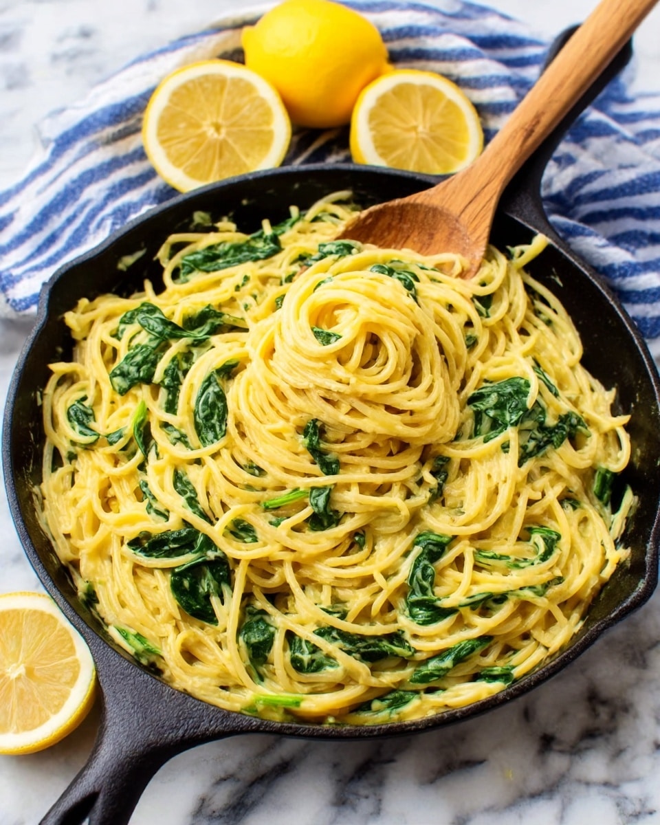 A black cast iron pan holds a serving of spaghetti pasta mixed with creamy yellow sauce and spinach leaves, with the noodles twisted in the center forming a small mound. A wooden spoon rests on the pan edge, partially stirring the pasta. Surrounding the pan are two halved lemons with bright yellow flesh on a white marbled surface with a blue and white striped cloth in the background. The colors show green from the spinach, yellow from the sauce and lemons, and the natural tan of the pasta strands. Photo taken with an iphone --ar 4:5 --v 7