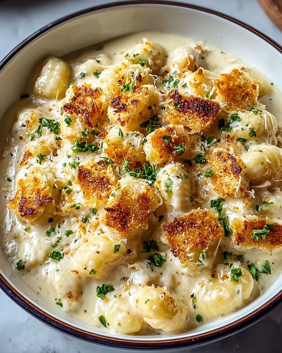 The image shows a bowl filled with two layers of gnocchi in a creamy sauce. The bottom layer has pale, soft gnocchi barely covered in a smooth light beige sauce. The top layer consists of gnocchi with golden brown toasted spots and a slightly crunchy texture, sprinkled lightly with grated cheese and small green herb pieces, adding pops of color. The bowl is white with a thin dark rim and set on a white marbled surface partly covered with a cloth. photo taken with an iphone --ar 4:5 --v 7