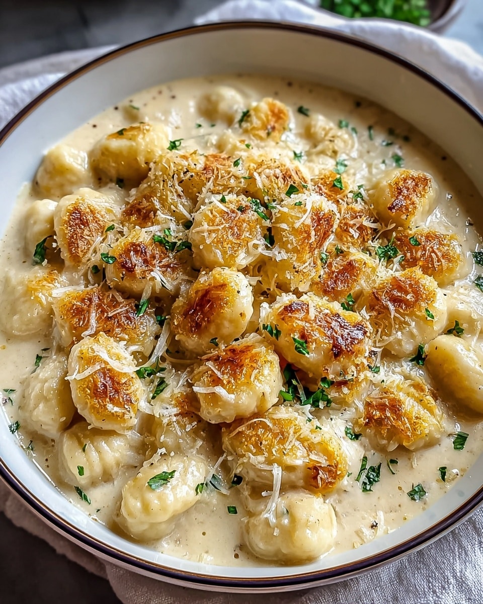 A bowl filled with around two layers of creamy gnocchi coated in a thick white cheese sauce, topped generously with golden-brown toasted cheese pieces scattered unevenly on top. Small specks of chopped green parsley are sprinkled on the surface, adding color contrast to the creamy and browned textures. The gnocchi are plump and soft, sitting in the sauce that pools slightly around them inside a white bowl with a thin dark rim. The photo is taken on a white marbled textured surface with soft natural light enhancing the food details. photo taken with an iphone --ar 4:5 --v 7