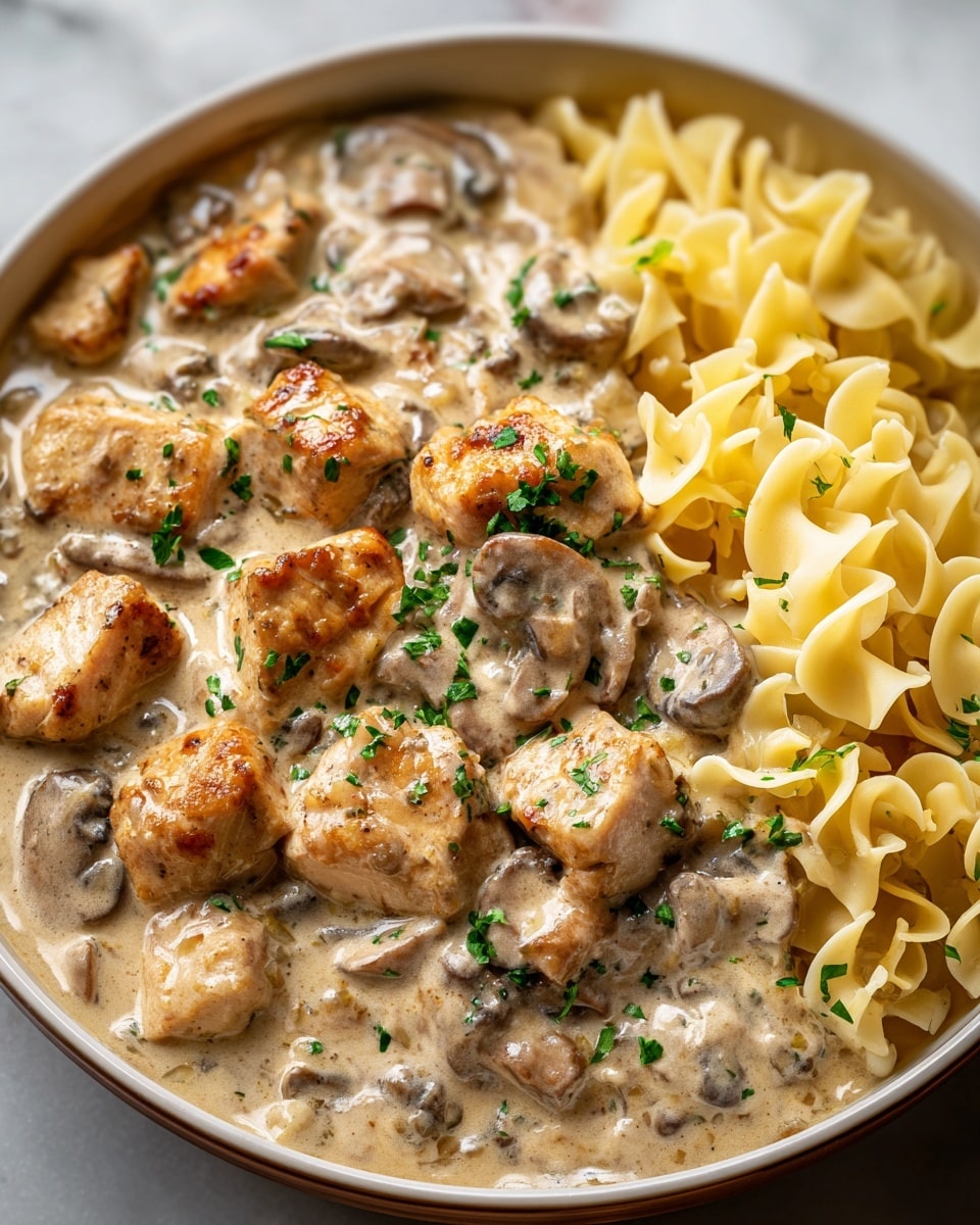 A close-up view of a dish served in a white bowl showing creamy chicken and mushroom stroganoff with two main layers. The bottom layer is a smooth, thick, light beige cream sauce filled with small pieces of brown mushrooms scattered throughout. On top of the sauce, there are golden brown seared chicken chunks that have a slightly crispy texture. Some chopped green herbs are sprinkled on the chicken and sauce, adding small spots of bright color. On the right side, there is a pile of pale yellow egg noodles with soft, ruffled edges. The bowl is placed on a white marbled surface. photo taken with an iphone --ar 4:5 --v 7