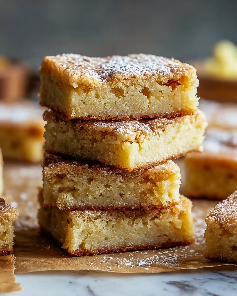 A close-up view of four stacked square blondies with a crumbly texture and light golden brown color on top and edges, each bar showing a dense, moist interior in pale yellow with a slight crust. The top surface is sprinkled with fine powdered sugar, adding a soft white contrast. The stack sits on parchment paper over a white marbled surface, with more blondies blurred in the background. Photo taken with an iphone --ar 4:5 --v 7