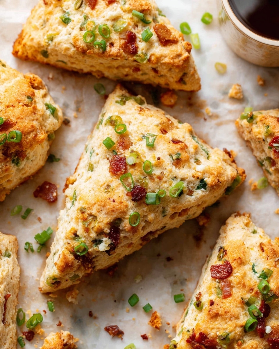 The image shows several triangular baked scones arranged on crinkled brown parchment paper over a white marbled surface. Each scone has a rough, crumbly texture with a golden-brown top that looks slightly crisp. Inside, the scones reveal bits of green onions and small pieces of reddish-brown bacon or meat, adding color contrast. Small green onion rings are scattered on top and around the scones, providing fresh green highlights. The scones appear thick, about two layers: a dense, pale yellow dough mixed evenly with toppings and a toasted golden surface. Photo taken with an iphone --ar 4:5 --v 7