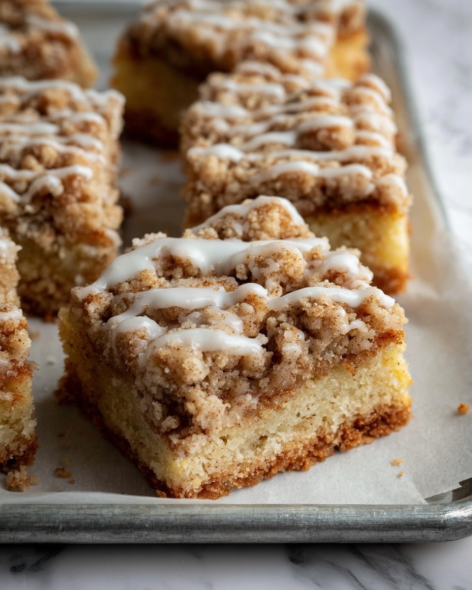 The image shows thick square slices of a crumb-topped coffee cake with one piece pulled slightly forward. The cake has two main layers: a dense, light brown base with a soft, crumbly texture and a golden brown crumb layer on top that looks crunchy and uneven with small lumps and chunks. A thin drizzle of white icing is scattered across the crumb topping in irregular lines, adding contrast and shine. The slices rest on white parchment paper over a metal tray set on a white marbled surface. Small crumbs are scattered around the cake, showing its crumbly texture. photo taken with an iphone --ar 4:5 --v 7