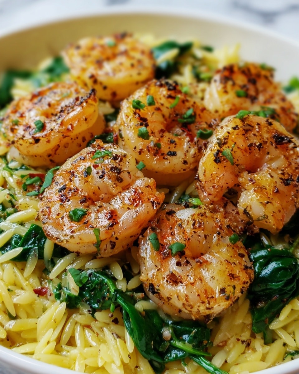 The image shows a close-up of a white plate filled with orzo pasta mixed with small green leafy spinach pieces. On top of the pasta, there are several lightly browned shrimp with a slightly crispy texture, seasoned with red chili flakes and chopped herbs. The shrimp are evenly placed across the dish, creating a balanced look. The orzo appears glossy and well-cooked, with a smooth texture that contrasts with the slightly rough, spicy shrimp. The background has a white marbled texture, adding a clean, bright feel to the scene. Photo taken with an iphone --ar 4:5 --v 7