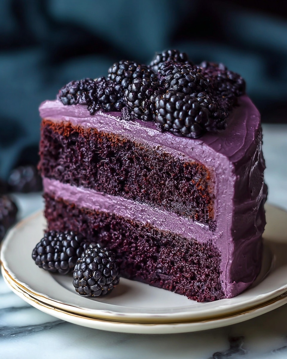 A slice of dark purple cake with three visible layers, consisting of two thick, moist cake layers separated by one smooth, creamy purple frosting layer in the middle. The entire slice is coated with a shiny, thick purple frosting on top and sides. On top of the cake, there are several plump, shiny blackberries clustered together. Two blackberries also sit next to the cake slice on a white plate with a gold rim. The background is a white marbled texture. photo taken with an iphone --ar 4:5 --v 7
