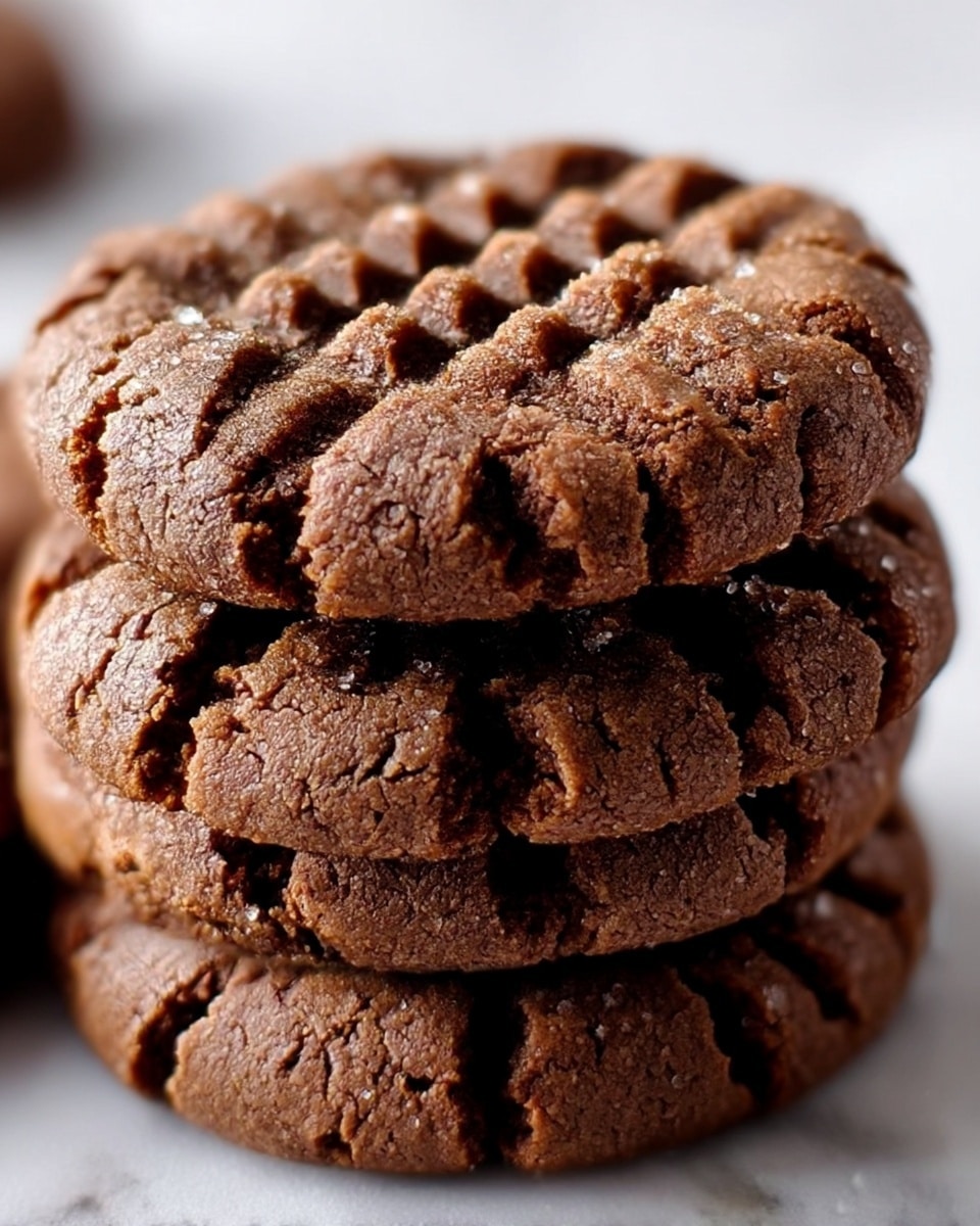 A close-up view of a stack of four thick chocolate cookies with a cracked surface, each cookie showing a crisscross pattern pressed into the top, revealing a soft, textured inside. The cookies are a rich brown color with slight variations in shade due to the cracks and baking texture. The background is softly blurred and features a white marbled texture. The image captures the cookies from an angled top side view, focusing sharply on the front cookie, highlighting its crumbly edges and detailed pattern. Photo taken with an iphone --ar 4:5 --v 7